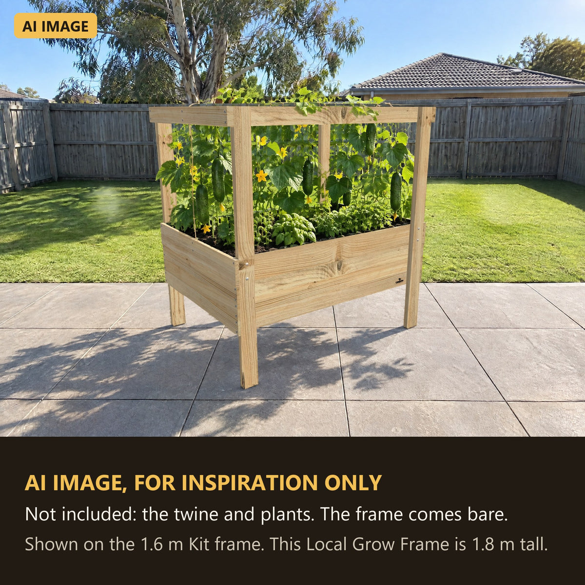AI image for inspiration: Grow Frame raised garden bed with cucumbers climbing twine from the top rails. Not included: the twine and plants. The frame comes bare.