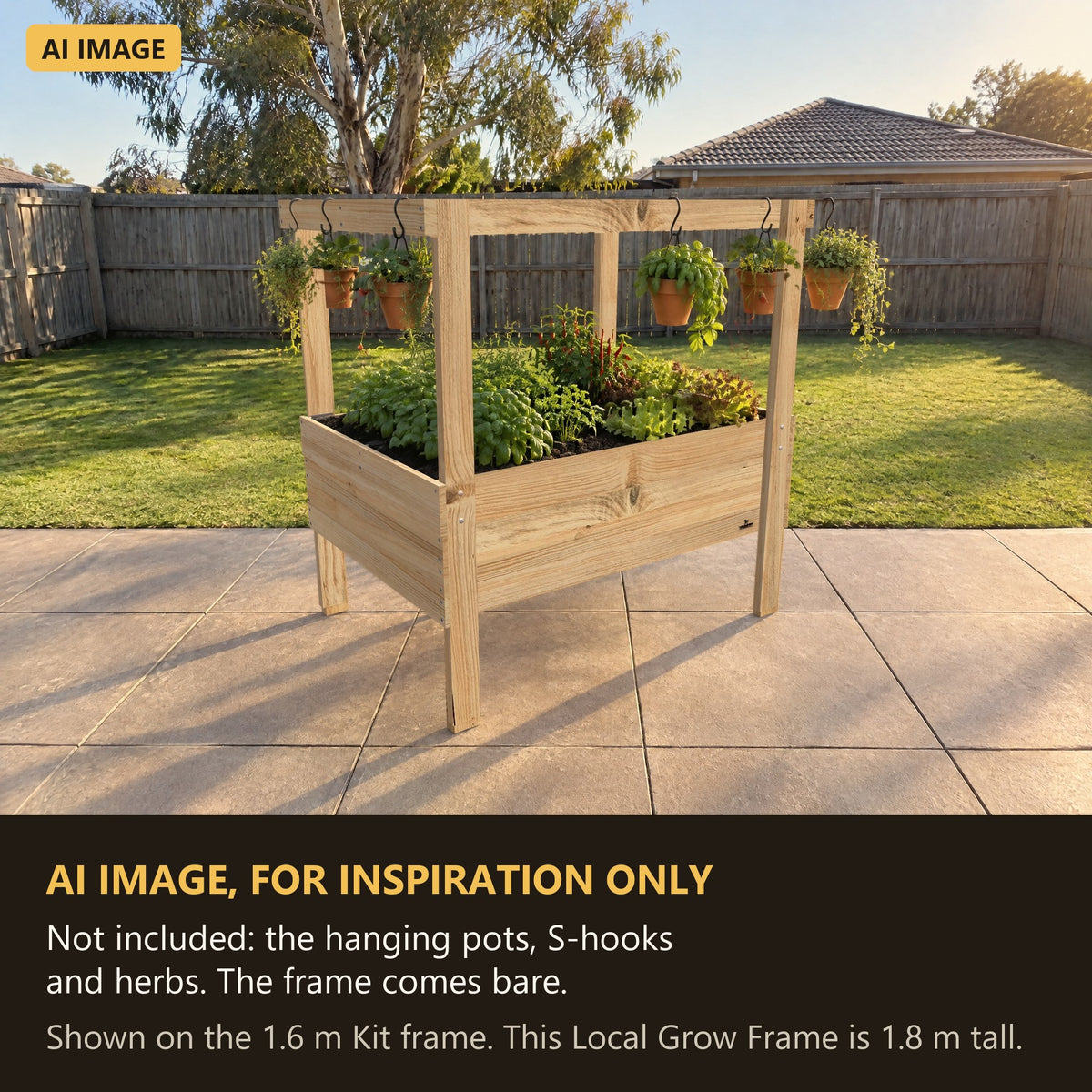 AI image for inspiration: Grow Frame raised garden bed with herb pots hanging on S-hooks from the top rails. Not included: the hanging pots, S-hooks and herbs. The frame comes bare.