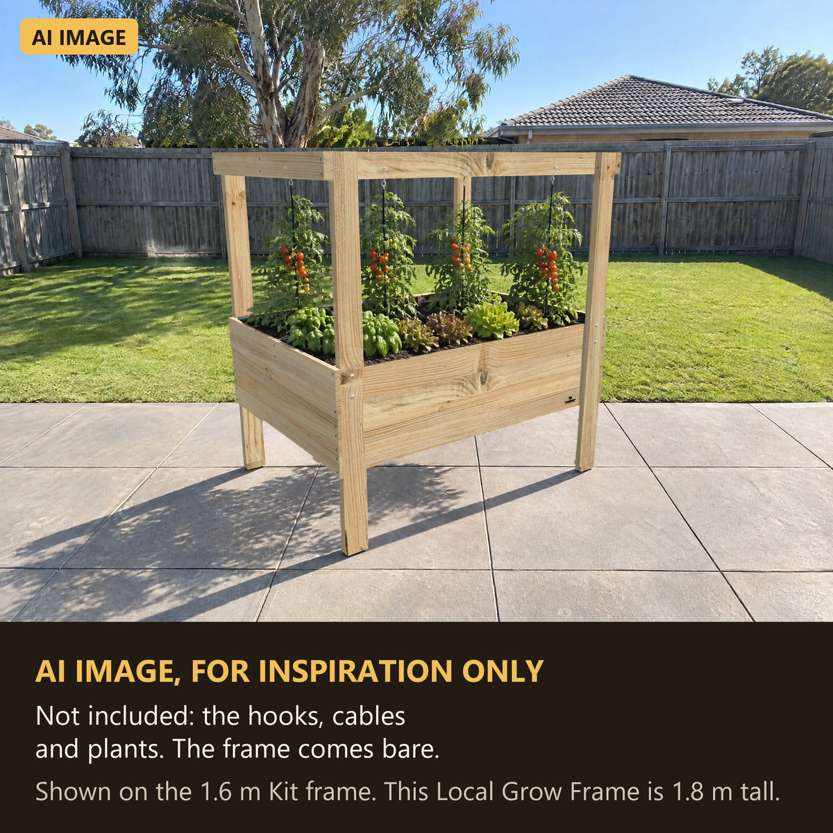 AI image for inspiration: Grow Frame raised garden bed with tomatoes trained up cables from the top rails. Not included: the hooks, cables and plants. The frame comes bare.