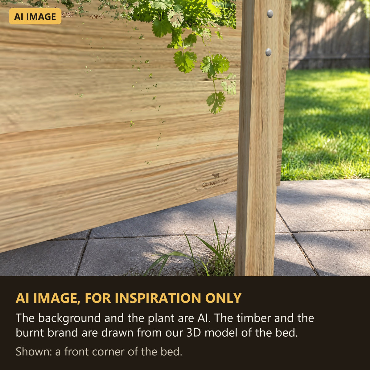 AI image for inspiration: Grow Frame raised garden bed close-up of the front corner and the burnt Corrogarden brand. The background and the plant are AI. The timber and the burnt brand are drawn from our 3D model of the bed.