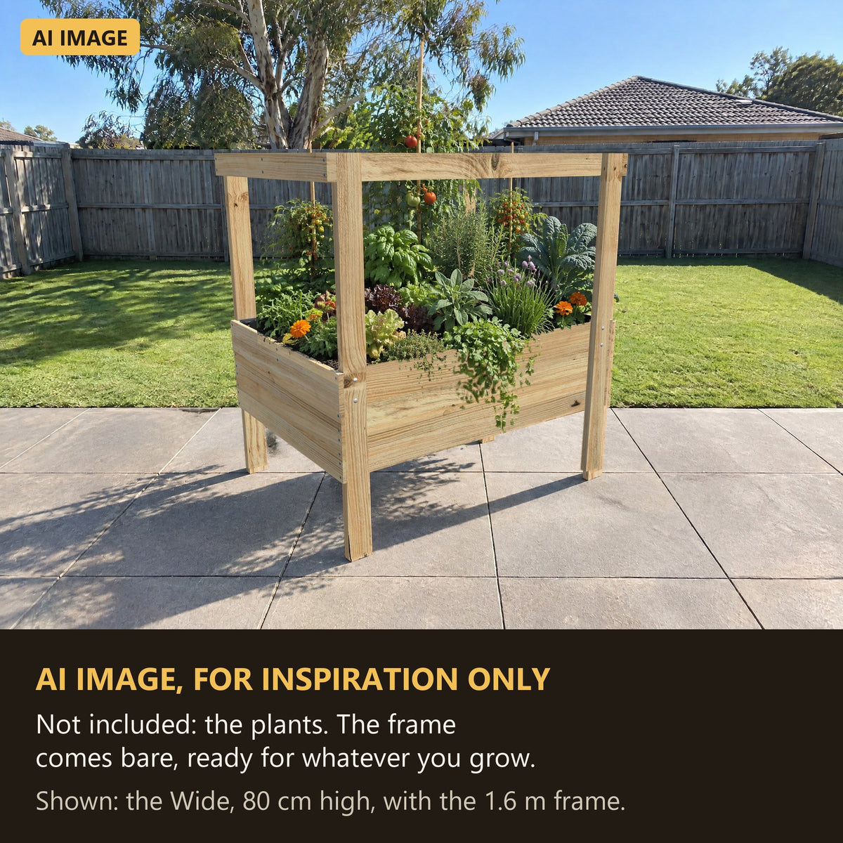 AI image for inspiration: Grow Frame raised garden bed planted as a home veggie bed. Not included: the plants. The frame comes bare, ready for whatever you grow.