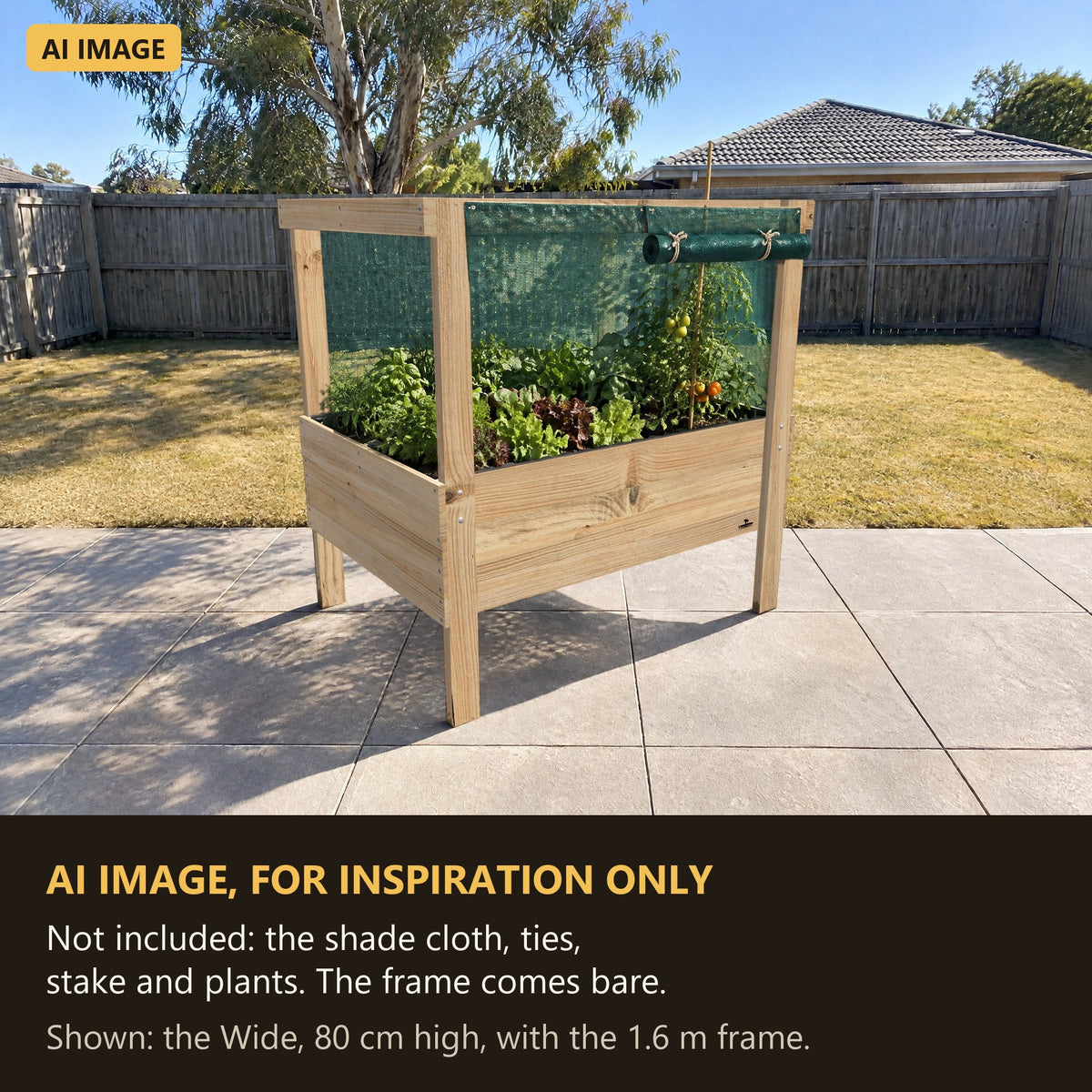 AI image for inspiration: Grow Frame raised garden bed with shade cloth on the sunny side. Not included: the shade cloth, ties, stake and plants. The frame comes bare.