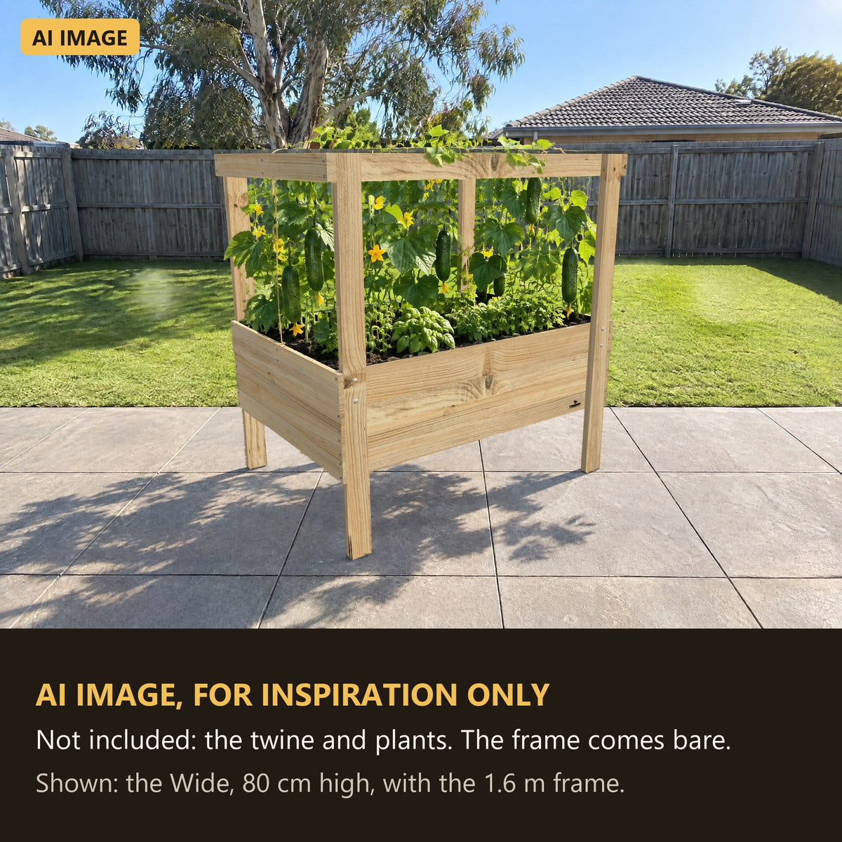 AI image for inspiration: Grow Frame raised garden bed with cucumbers climbing twine from the top rails. Not included: the twine and plants. The frame comes bare.