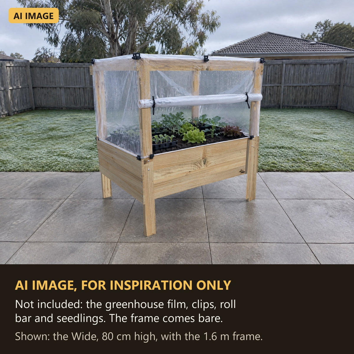 AI image for inspiration: Grow Frame raised garden bed wrapped in greenhouse film for winter. Not included: the greenhouse film, clips, roll bar and seedlings. The frame comes bare.