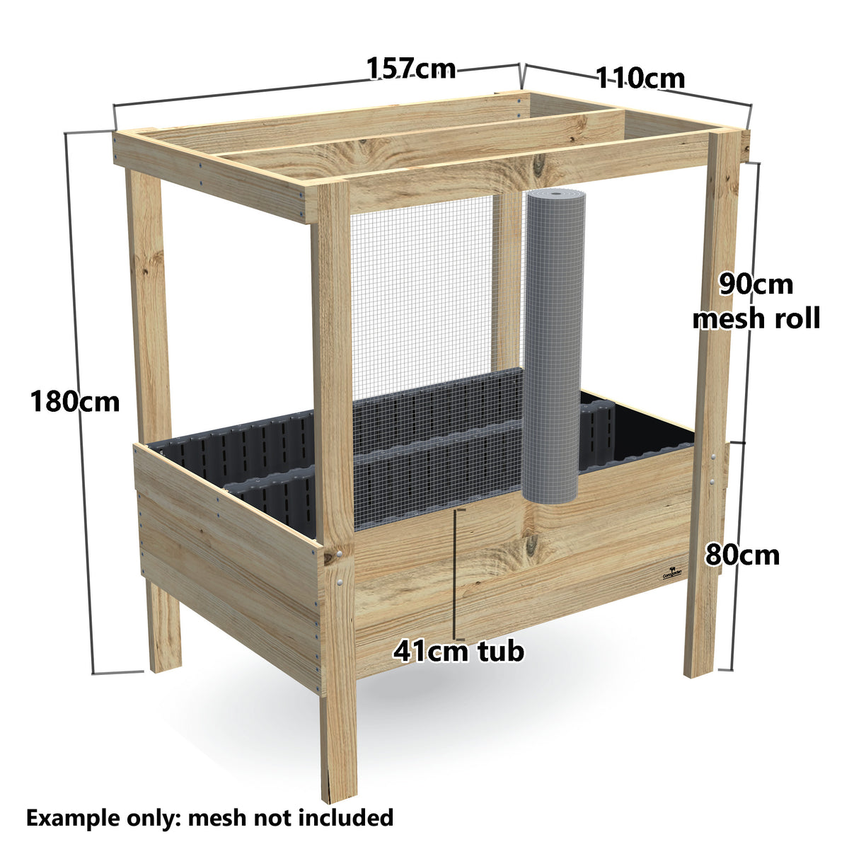Grow Frame Wide 80 cm with galvanised aviary mesh half rolled out along one side: a 90 cm mesh roll fits from the top of the bed to the underside of the top rail, between the legs. Example only, mesh not included.
