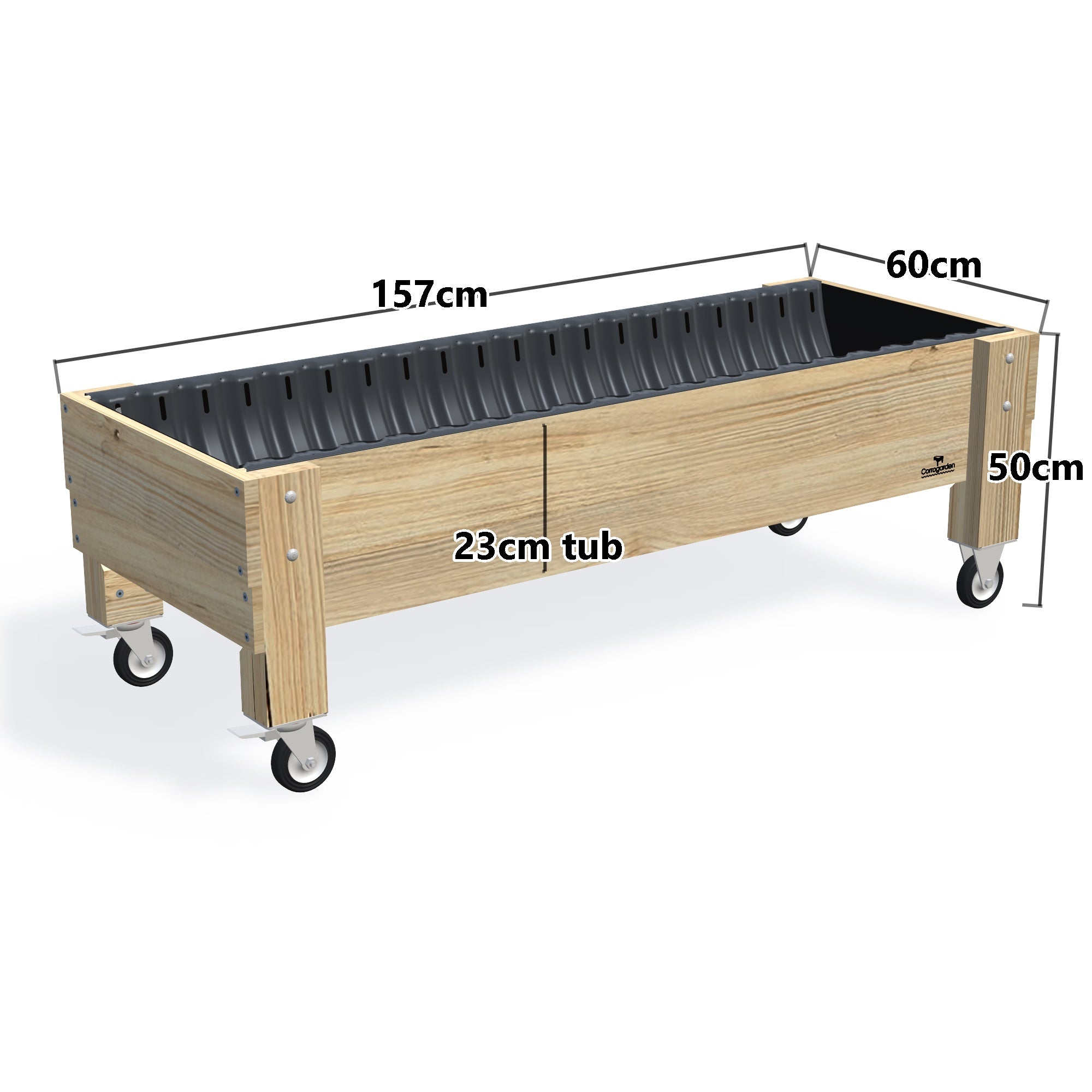 LARGE Planter Box on Wheels Kit, 23cm — timber garden bed, dimensions labelled