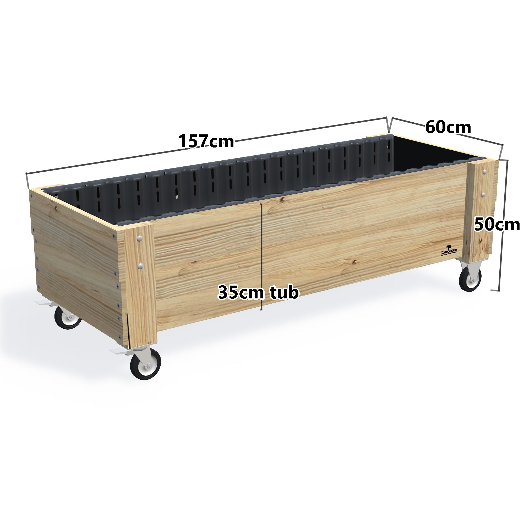 LARGE Planter Box on Wheels Kit, 35cm — timber garden bed, dimensions labelled