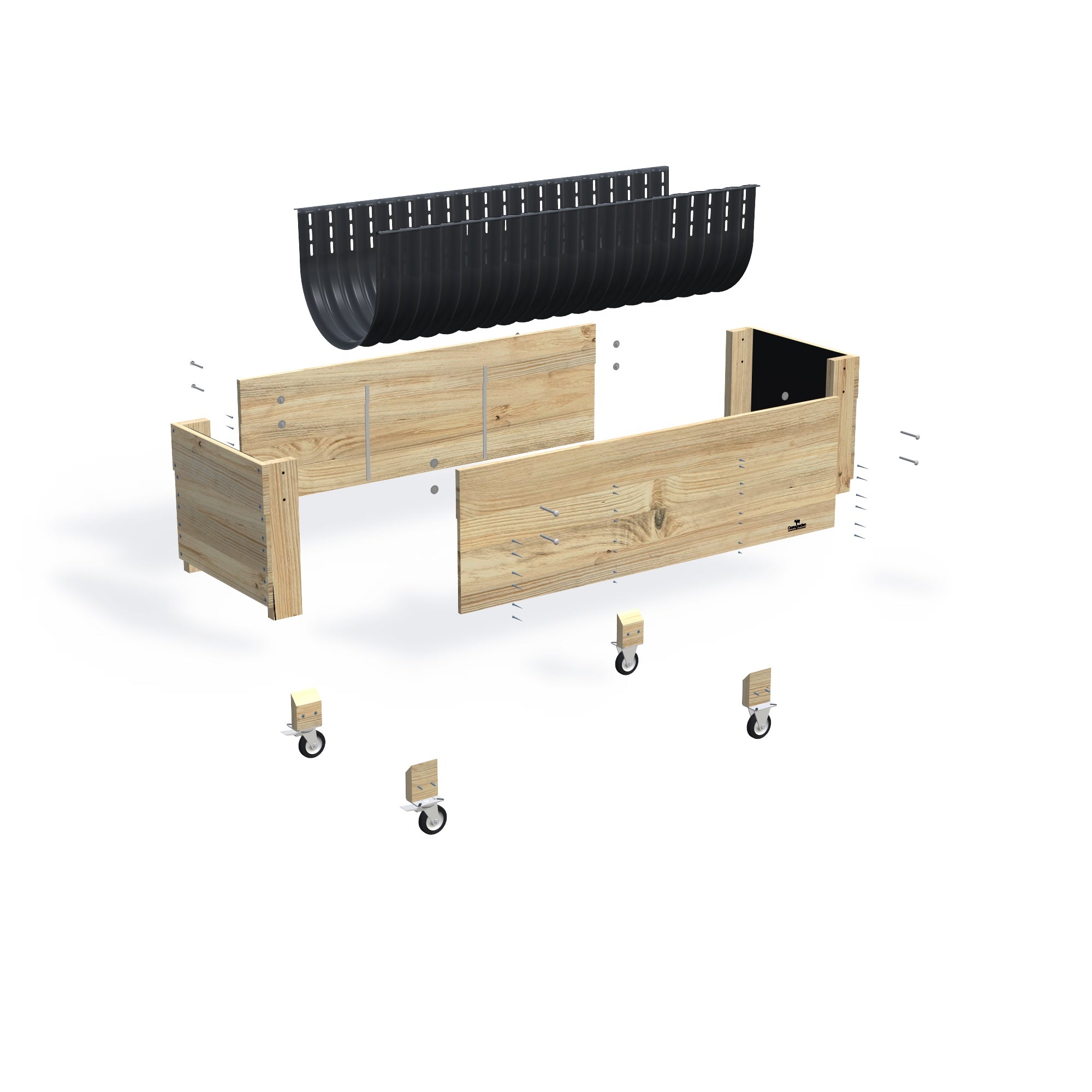 LARGE Planter Box on Wheels Kit, 41cm — exploded view of the flat-pack timber planter box kit, showing the parts supplied