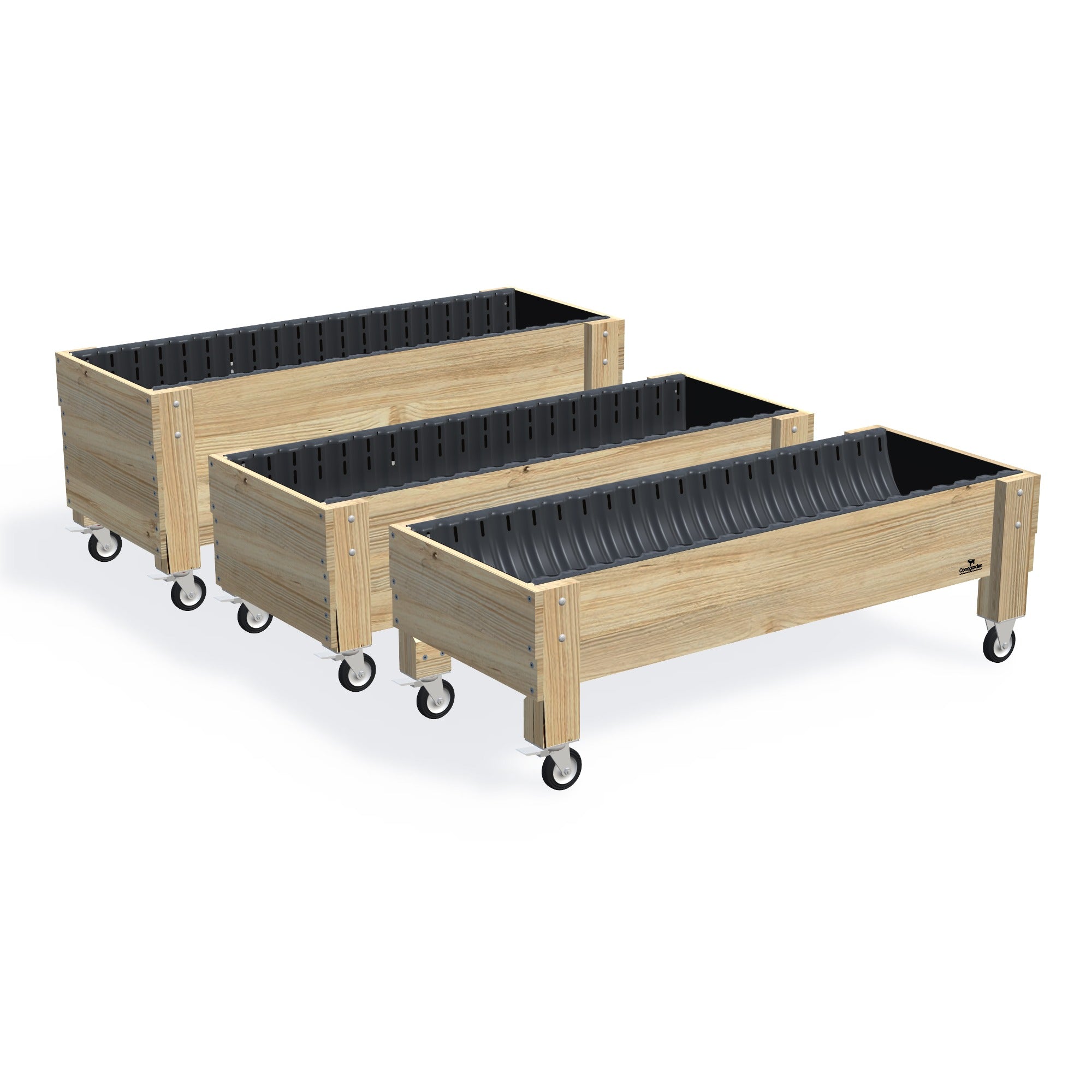 LARGE Planter Box on Wheels Kit — the full range of timber garden beds, shown together
