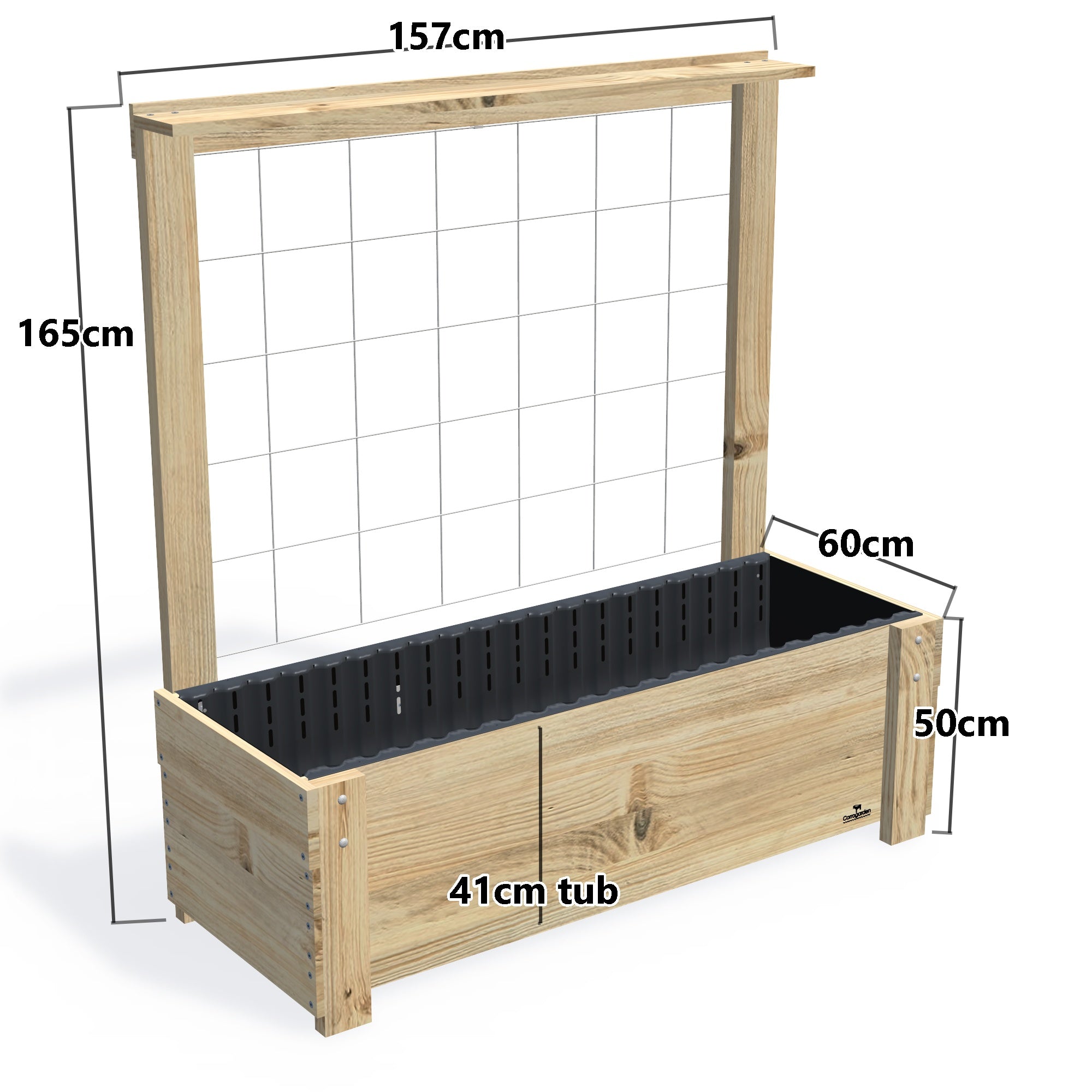 LARGE Planter Box with Trellis & Pot Shelf Kit, 41cm — timber garden bed, dimensions labelled