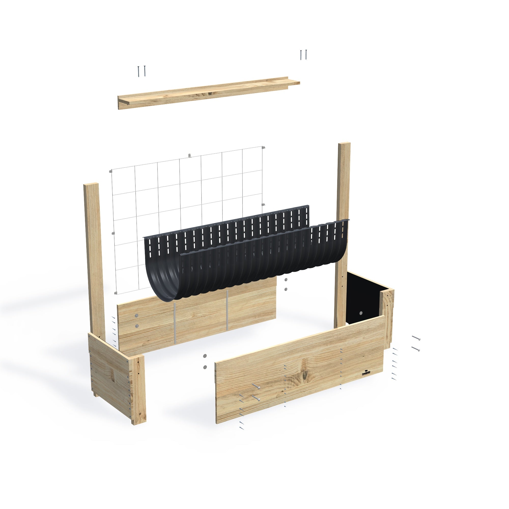 LARGE Planter Box with Trellis & Pot Shelf Kit, 41cm — exploded view of the flat-pack timber planter box kit, showing the parts supplied