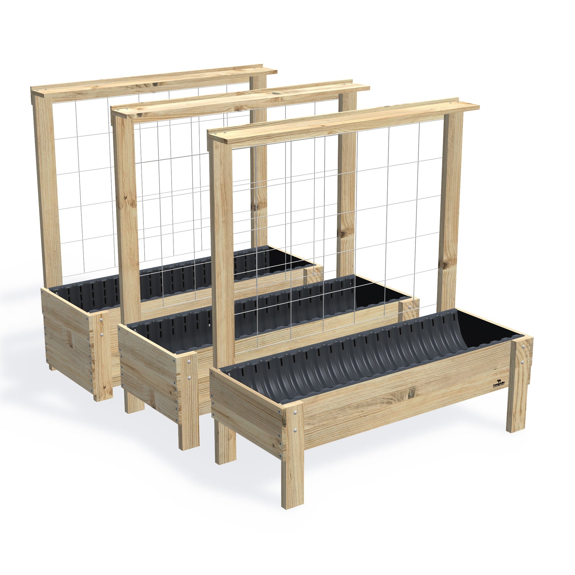 LARGE Planter Box with Trellis & Pot Shelf Kit — the full range of timber garden beds, shown together