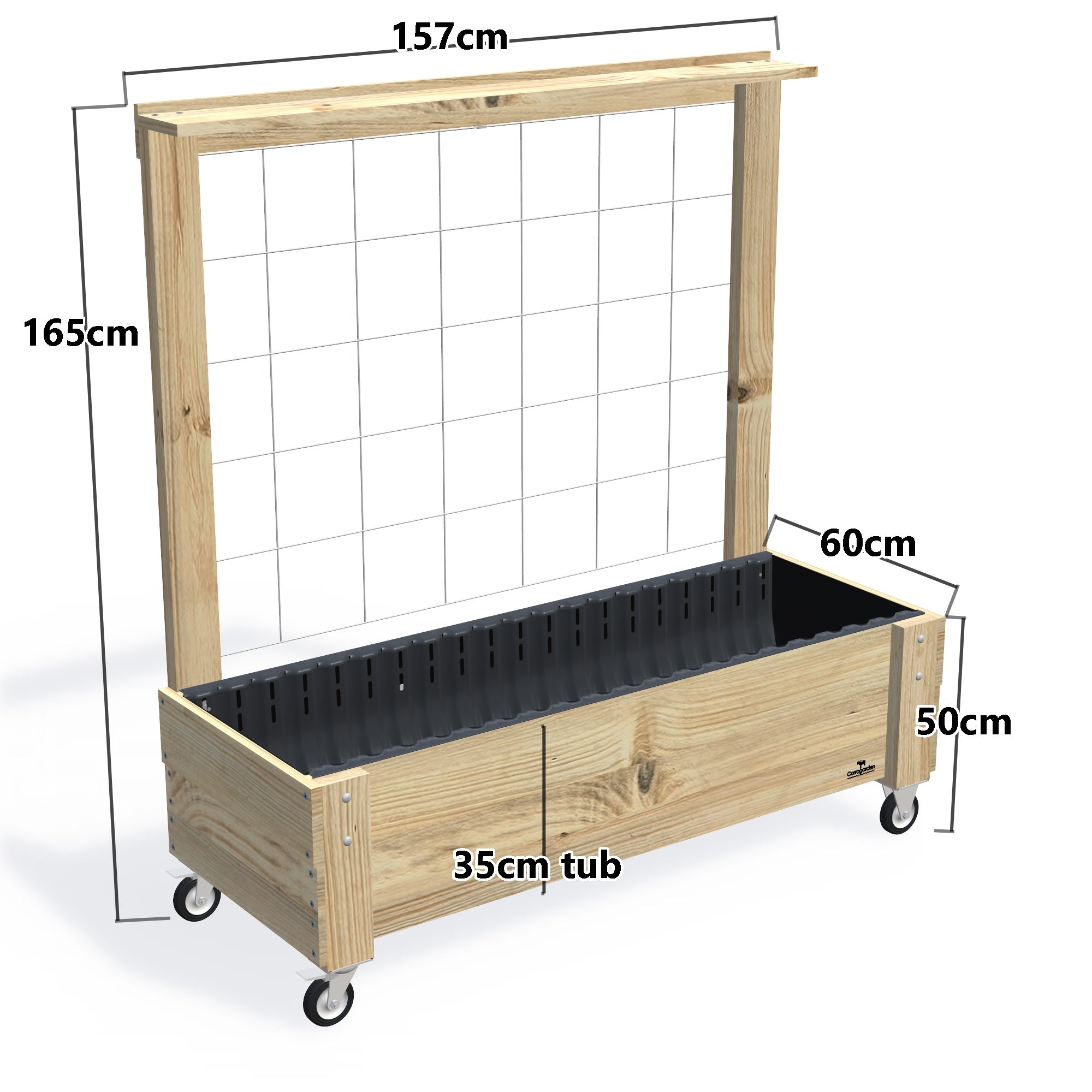 LARGE Planter Box with Trellis, Pot Shelf & Wheels Kit, 35cm — timber garden bed, dimensions labelled