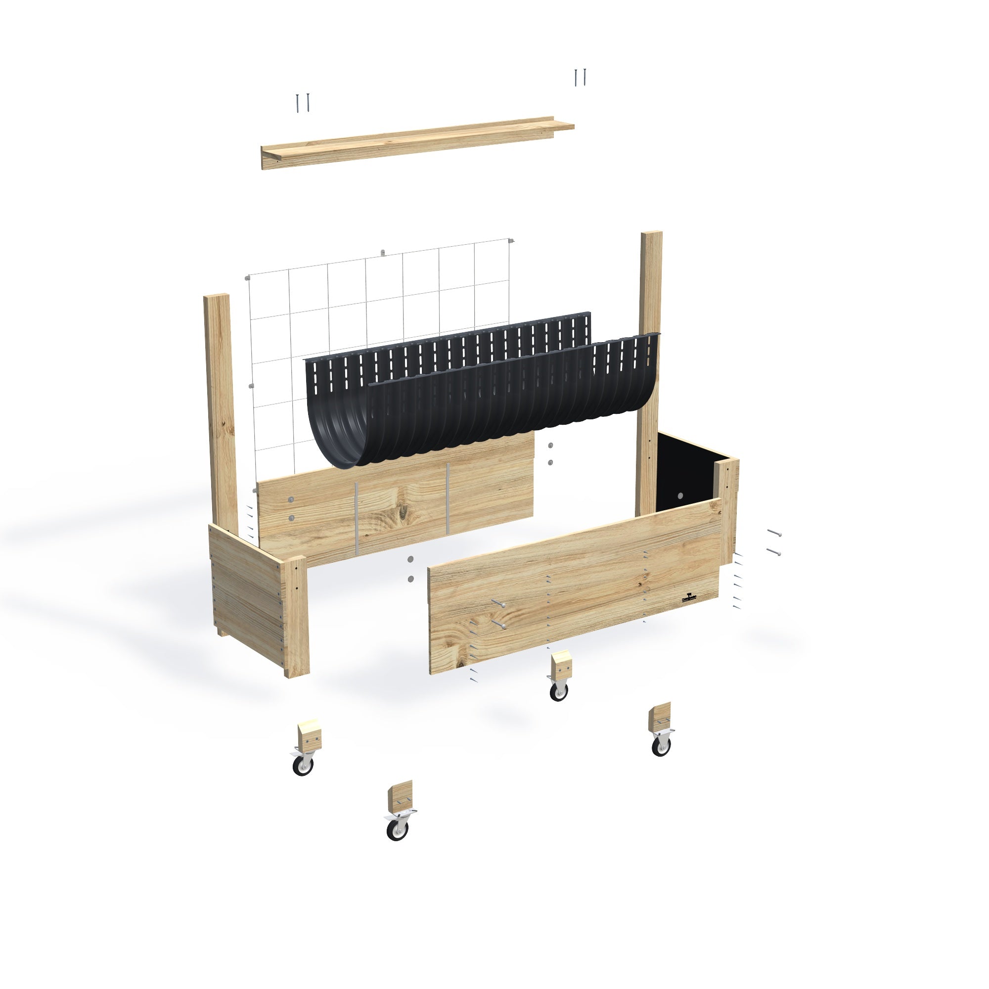 LARGE Planter Box with Trellis, Pot Shelf & Wheels Kit, 41cm — exploded view of the flat-pack timber planter box kit, showing the parts supplied