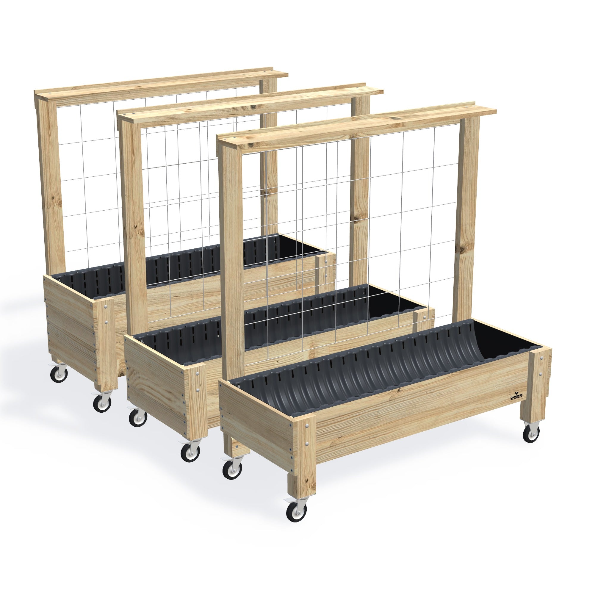 LARGE Planter Box with Trellis, Pot Shelf & Wheels Kit — the full range of timber garden beds, shown together