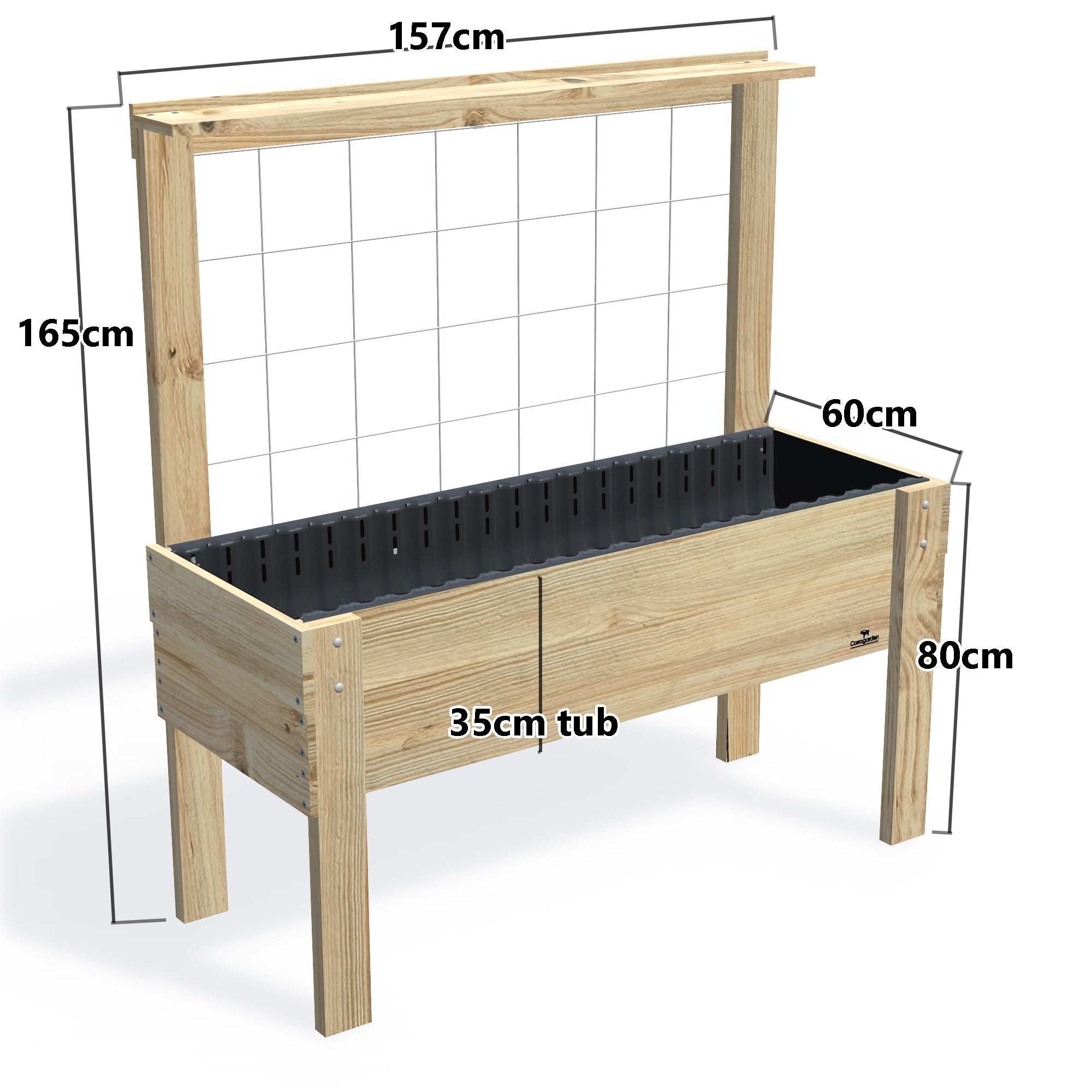 LARGE Raised Garden Bed with Trellis & Pot Shelf Kit, 35cm — timber garden bed, dimensions labelled
