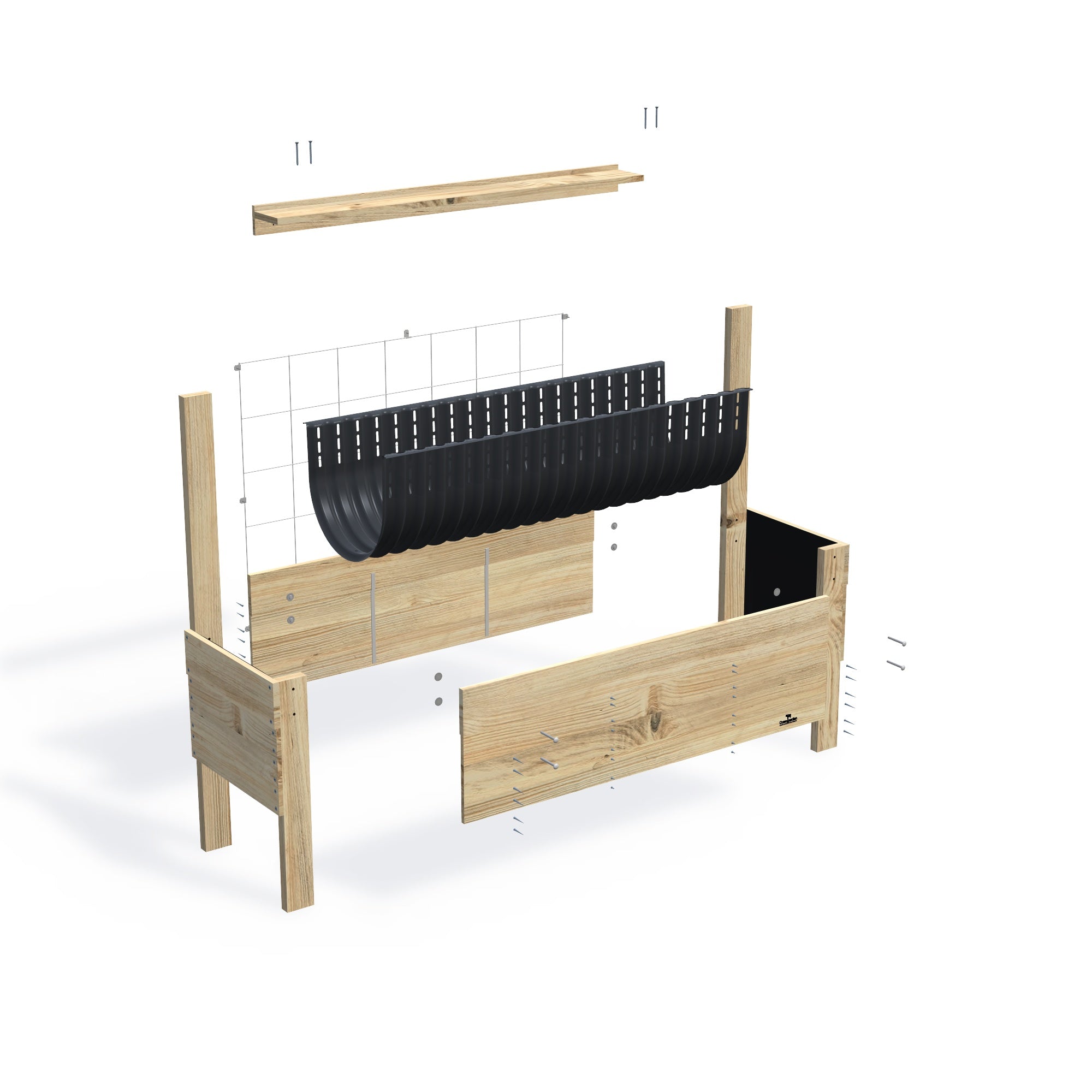 LARGE Raised Garden Bed with Trellis & Pot Shelf Kit, 41cm — exploded view of the flat-pack timber raised garden bed kit, showing the parts supplied