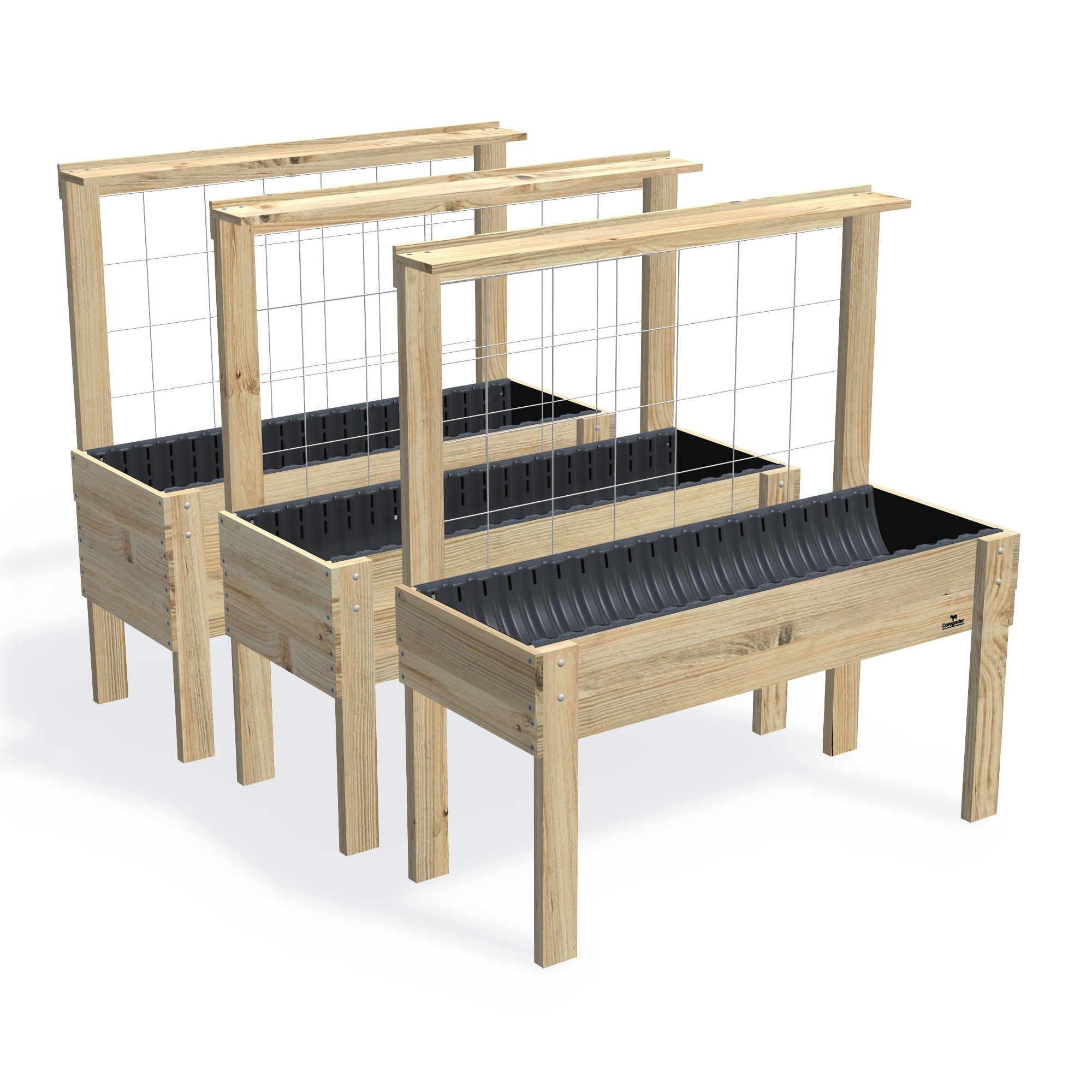 LARGE Raised Garden Bed with Trellis & Pot Shelf Kit — the full range of timber garden beds, shown together