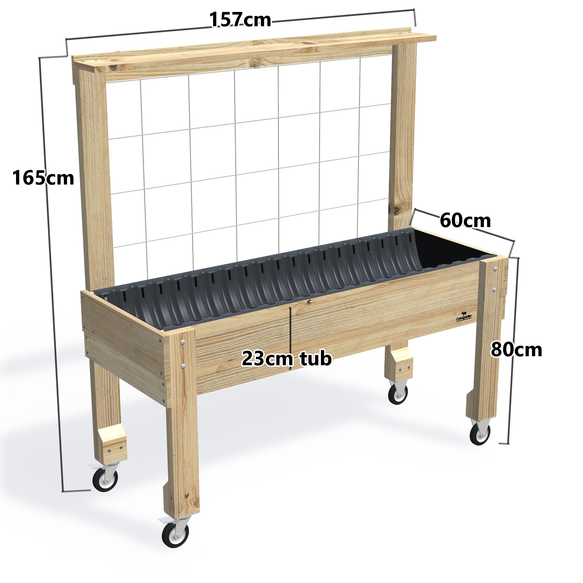 LARGE Raised Garden Bed with Trellis, Pot Shelf & Wheels Kit, 23cm — timber garden bed, dimensions labelled