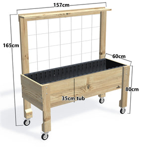 LARGE Raised Garden Bed with Trellis, Pot Shelf & Wheels Kit, 35cm — timber garden bed, dimensions labelled