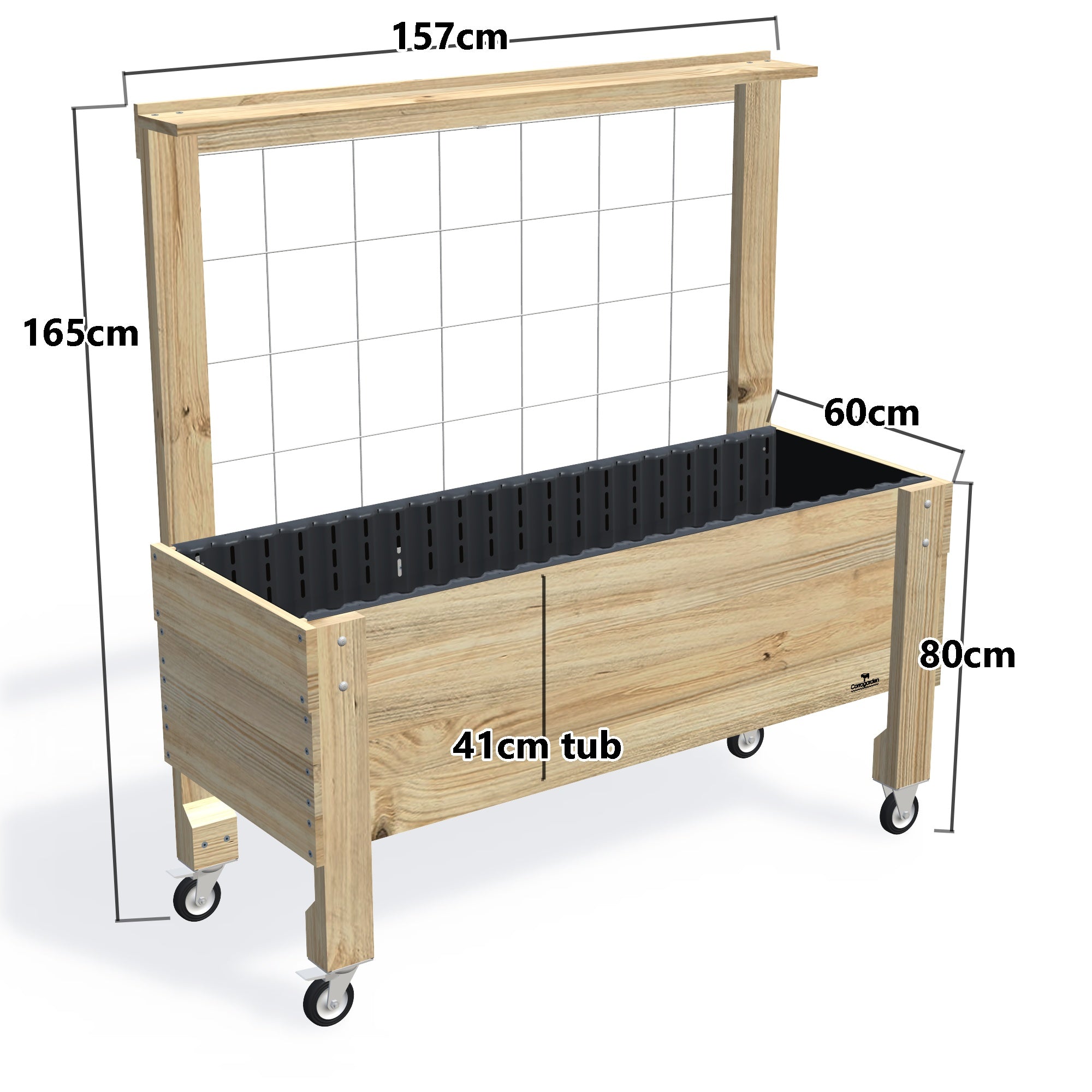 LARGE Raised Garden Bed with Trellis, Pot Shelf & Wheels Kit, 41cm — timber garden bed, dimensions labelled