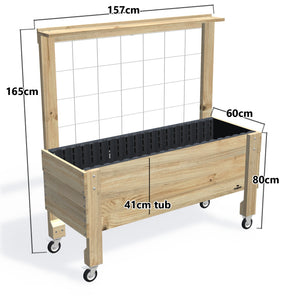LARGE Raised Garden Bed with Trellis, Pot Shelf & Wheels Kit, 41cm — timber garden bed, dimensions labelled