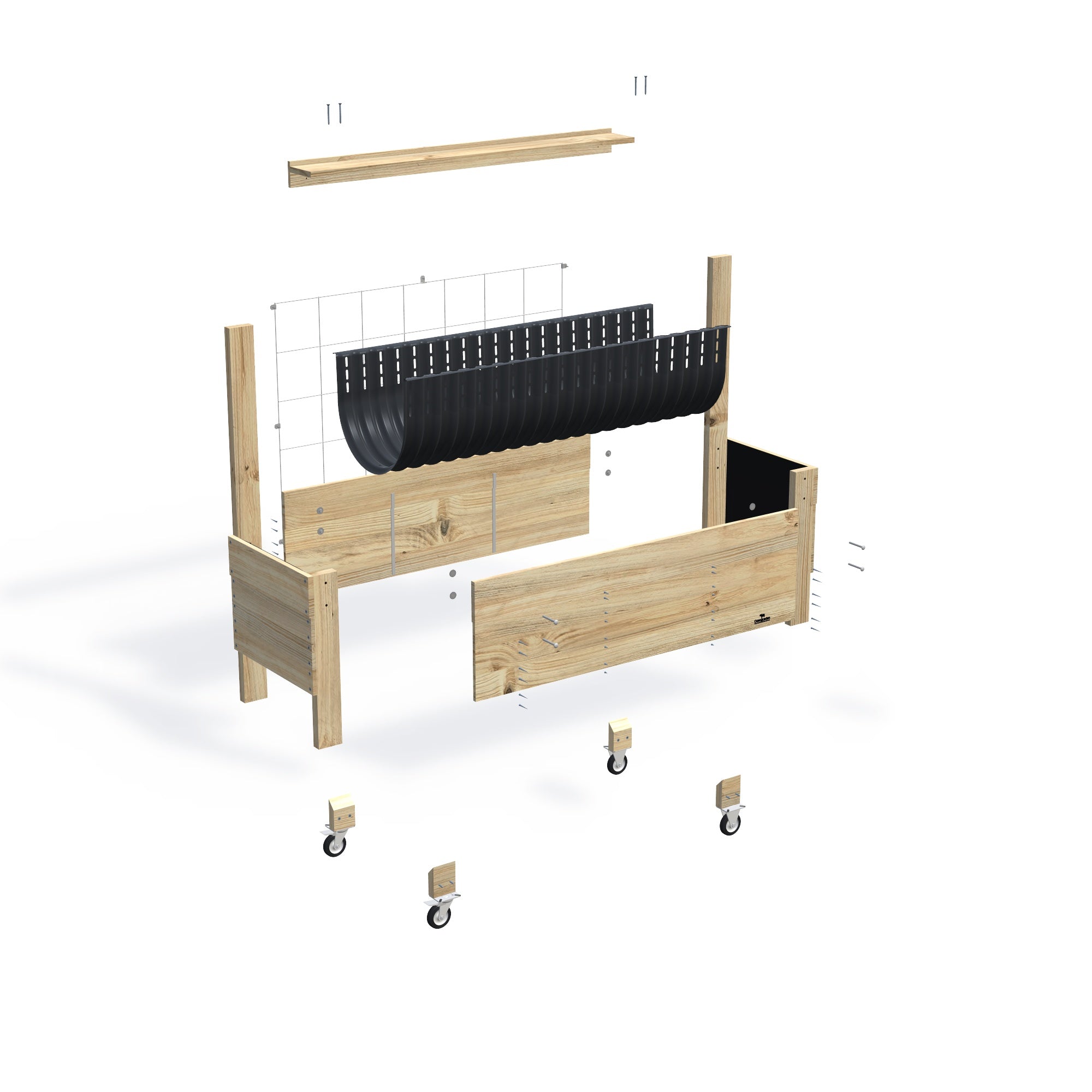 LARGE Raised Garden Bed with Trellis, Pot Shelf & Wheels Kit, 41cm — exploded view of the flat-pack timber raised garden bed kit, showing the parts supplied