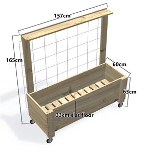 Large Slatted Raised Planter Box With Trellis on Legs, 60cm high with wheels — timber planter boxe, dimensions labelled