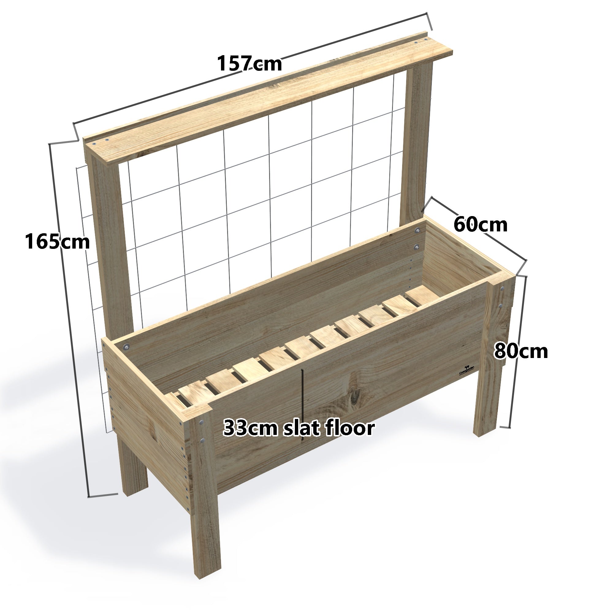 Large Slatted Raised Planter Box With Trellis on Legs, 80cm  high — timber planter boxe, dimensions labelled