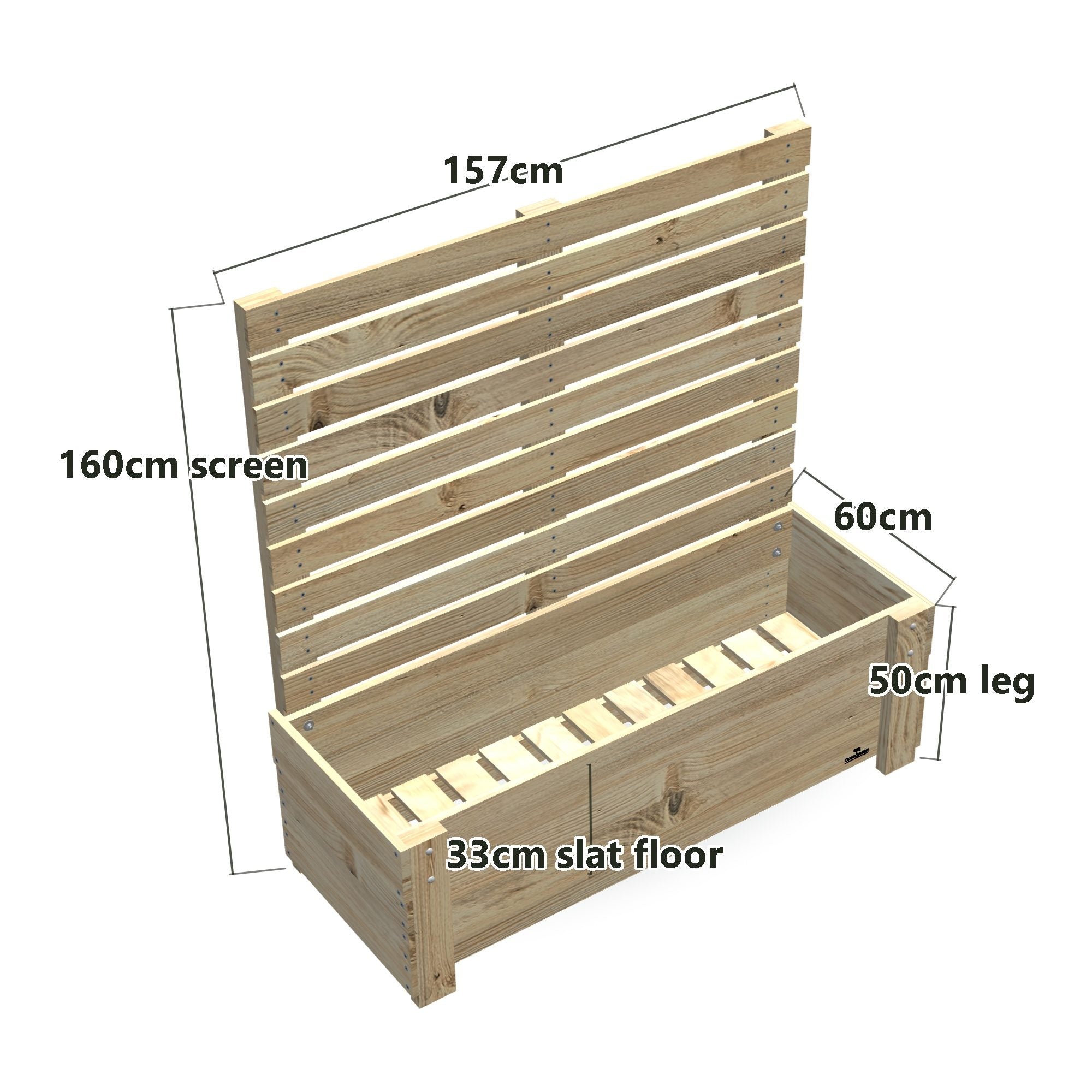 Large Slatted Raised Planter Box With Trellis on Legs, 50cm high with Privacy Screen 1.6m — timber planter box, dimensions labelled