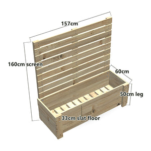 Large Slatted Raised Planter Box With Trellis on Legs, 50cm high with Privacy Screen 1.6m — timber planter box, dimensions labelled