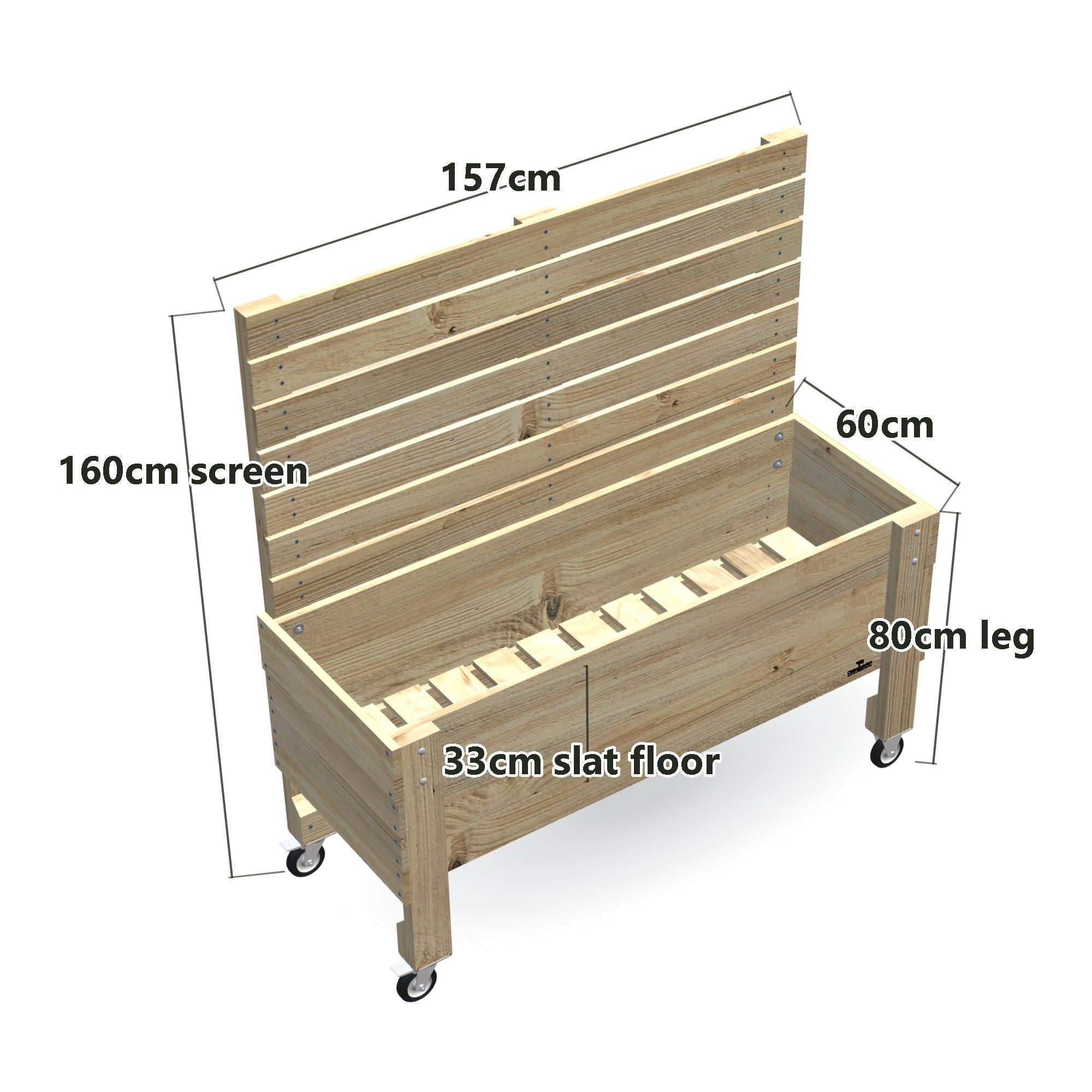 Large Slatted Raised Planter Box With Trellis on Legs, 80cm high with wheels with Privacy Screen 1.6m — timber planter box, dimensions labelled