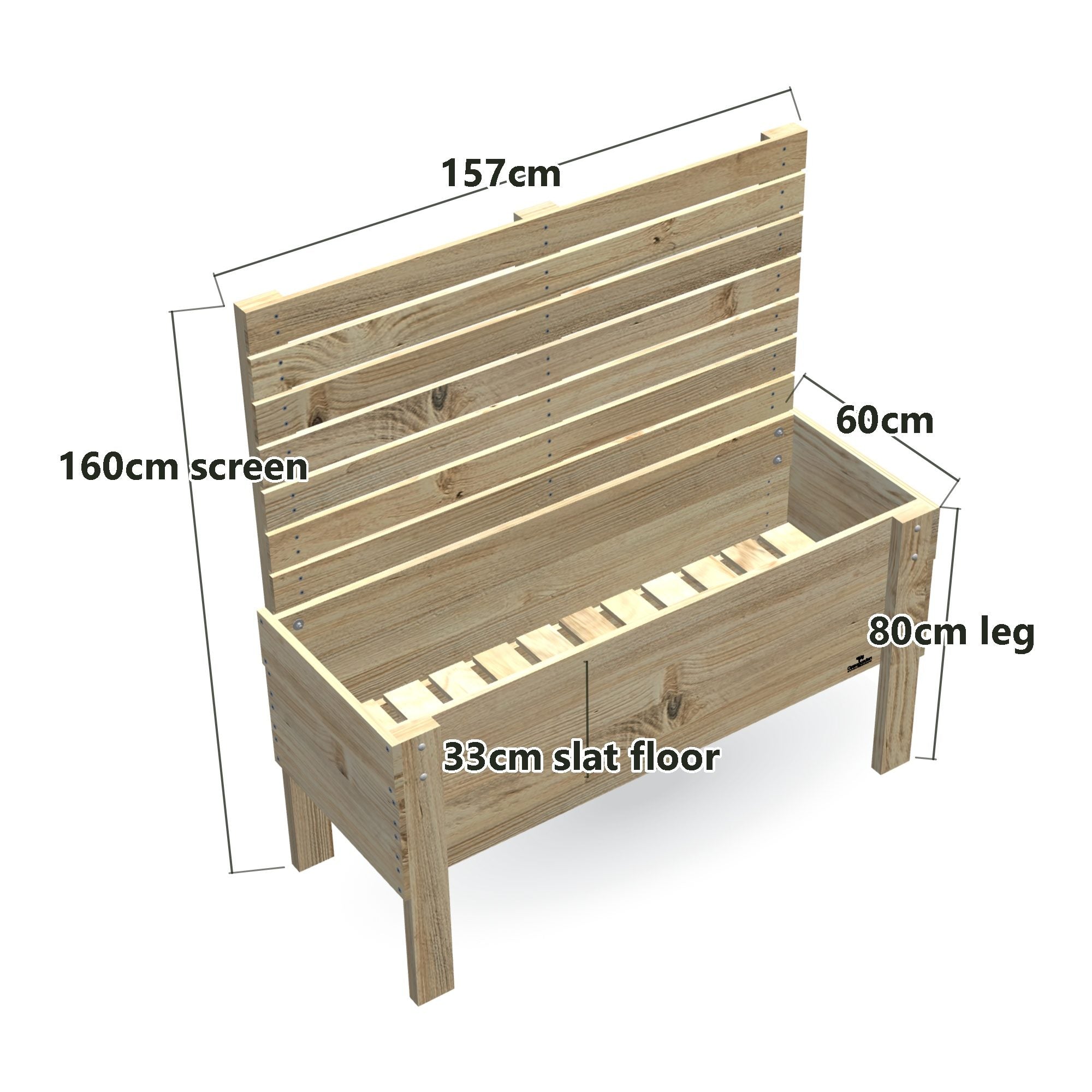 Large Slatted Raised Planter Box With Trellis on Legs, 80cm high with Privacy Screen 1.6m — timber planter box, dimensions labelled
