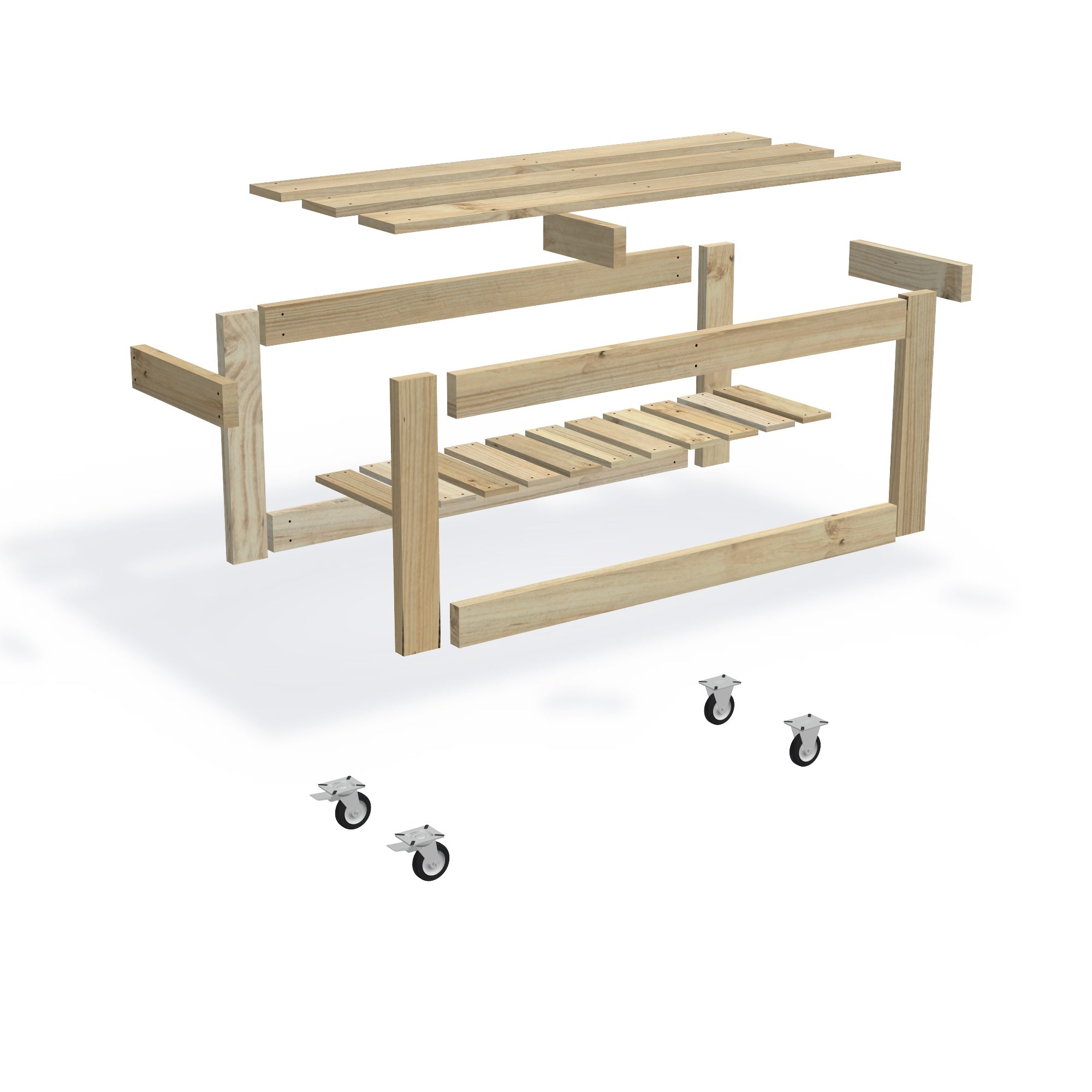 Potting Bench Flat Pack Kit (Optional Wheels), 152cm long with Wheels — exploded view of the flat-pack timber potting bench kit, showing the parts supplied
