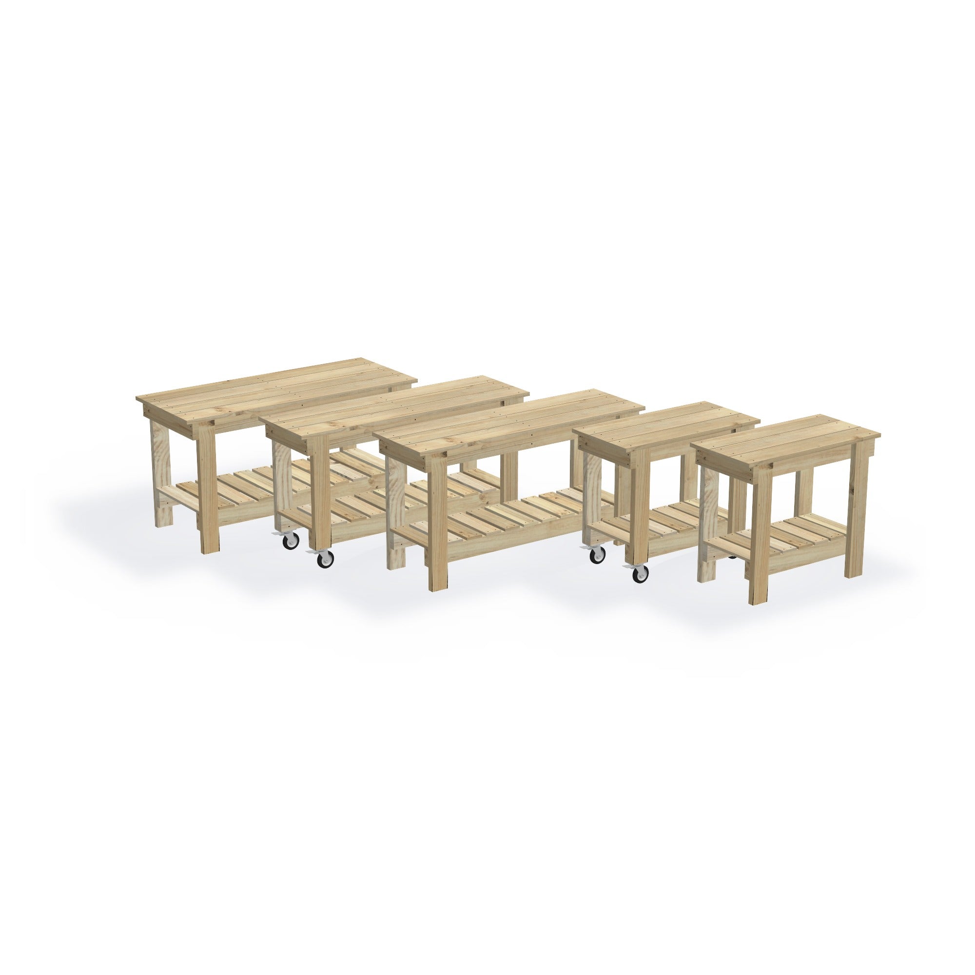 Potting Bench (Optional Wheels) — the full range of timber benches, shown together