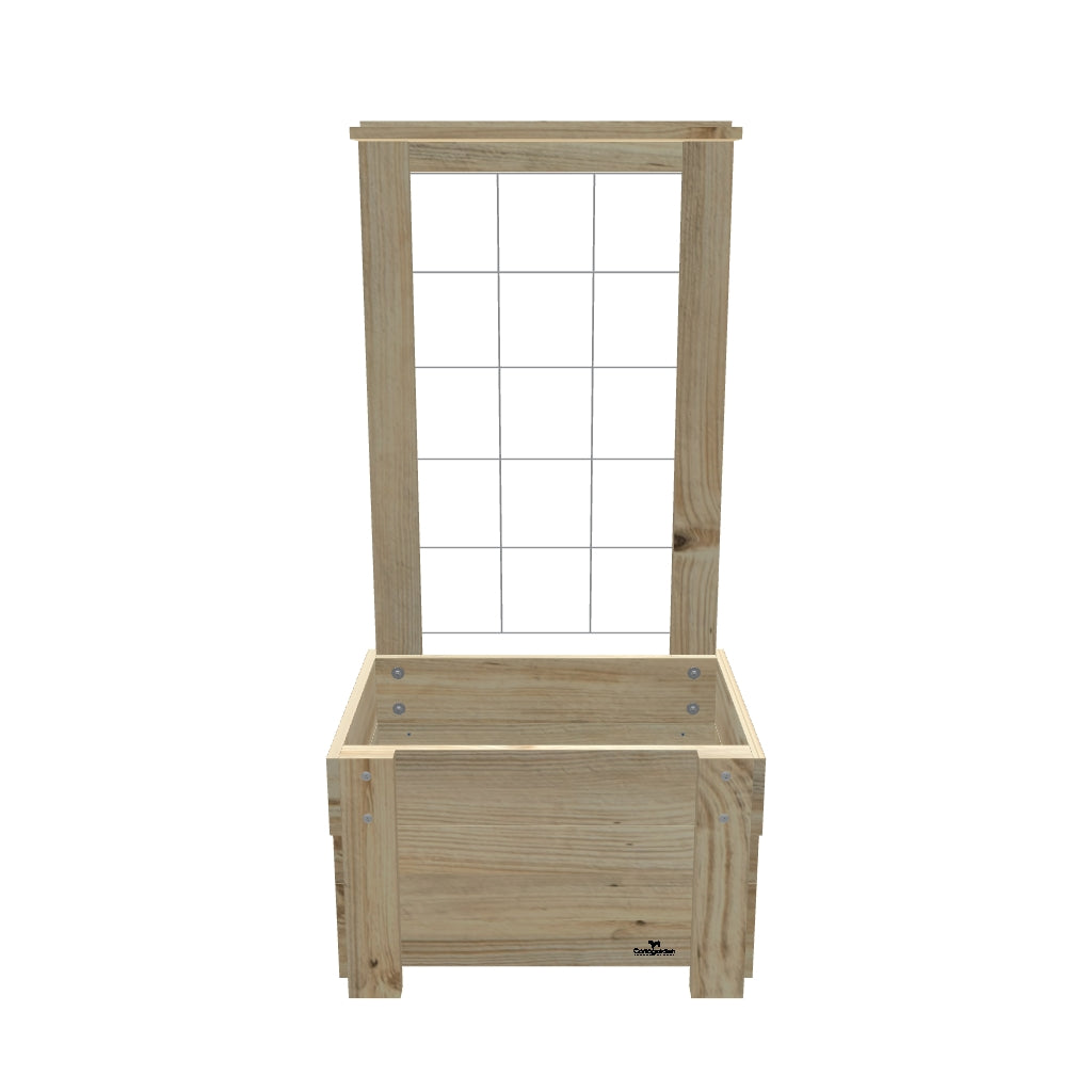 COMPACT Planter Box with Trellis & Pot Shelf, 33cm (Slatted Base) / Growing Mesh Trellis with Pot Shelf — elevated timber planter box on legs — 3D model