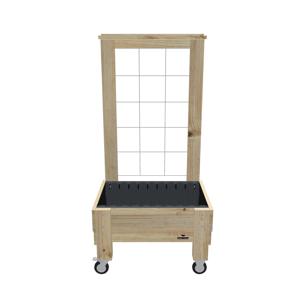 COMPACT Planter Box with Trellis, Pot Shelf & Wheels, 23cm / Growing Mesh Trellis with Pot Shelf — portable timber planter box on castors — 3D model