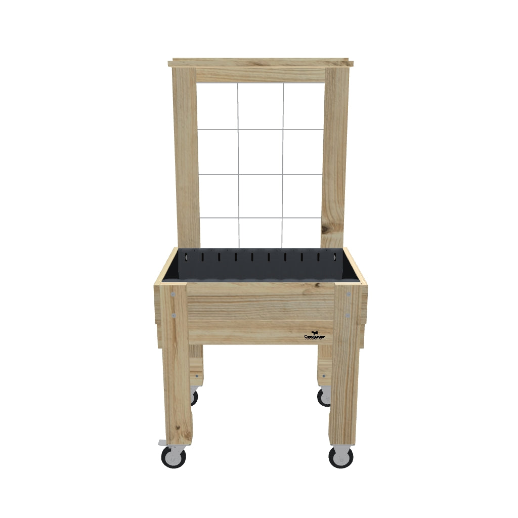 COMPACT Raised Garden Bed with Trellis, Pot Shelf & Wheels, 23cm / Growing Mesh Trellis with Pot Shelf — portable timber raised garden bed on castors — 3D model