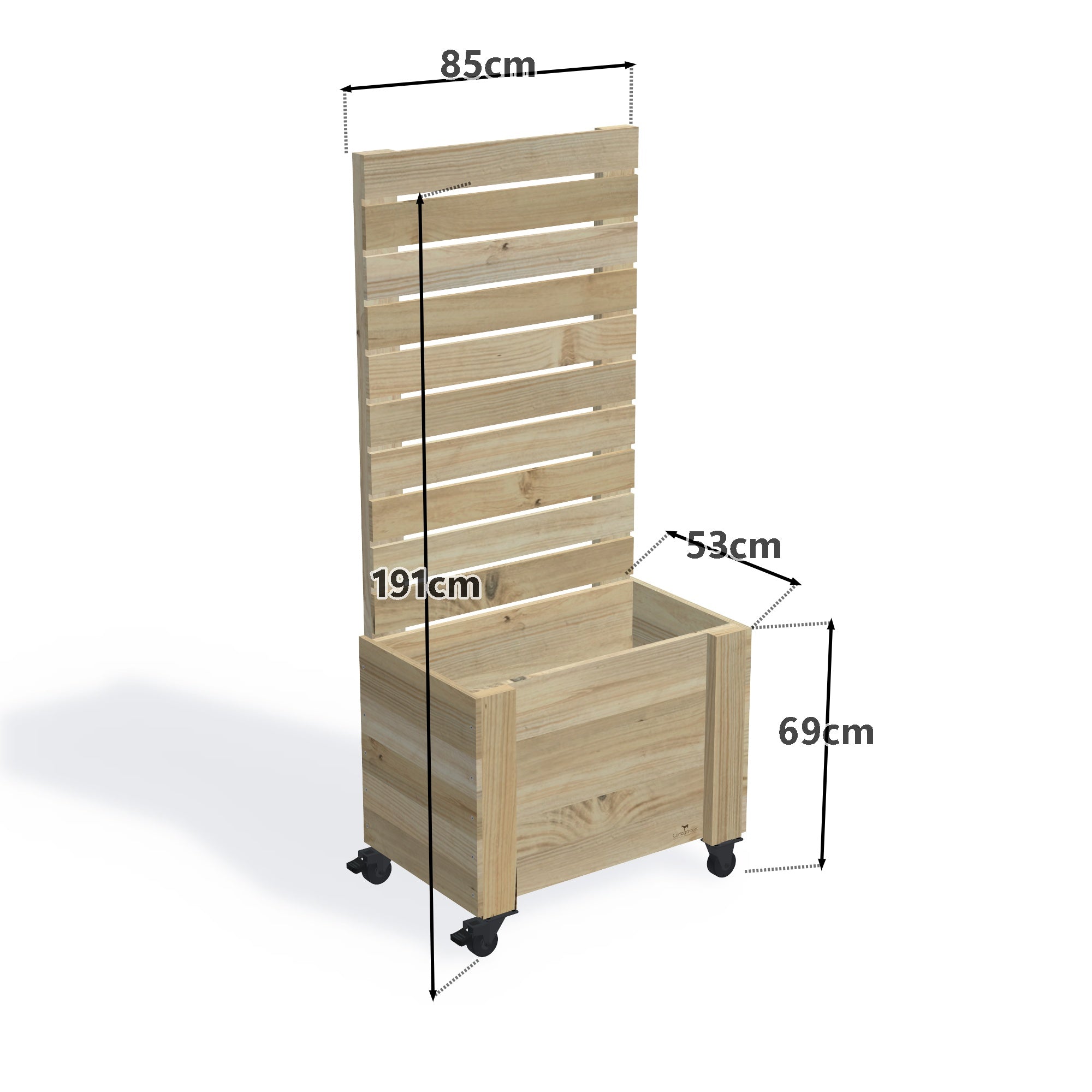 Privacy Screen Planter Box (draft), 2 Pot (85cm) / Tall (1.8m) / With Castors — timber planter boxe, dimensions labelled