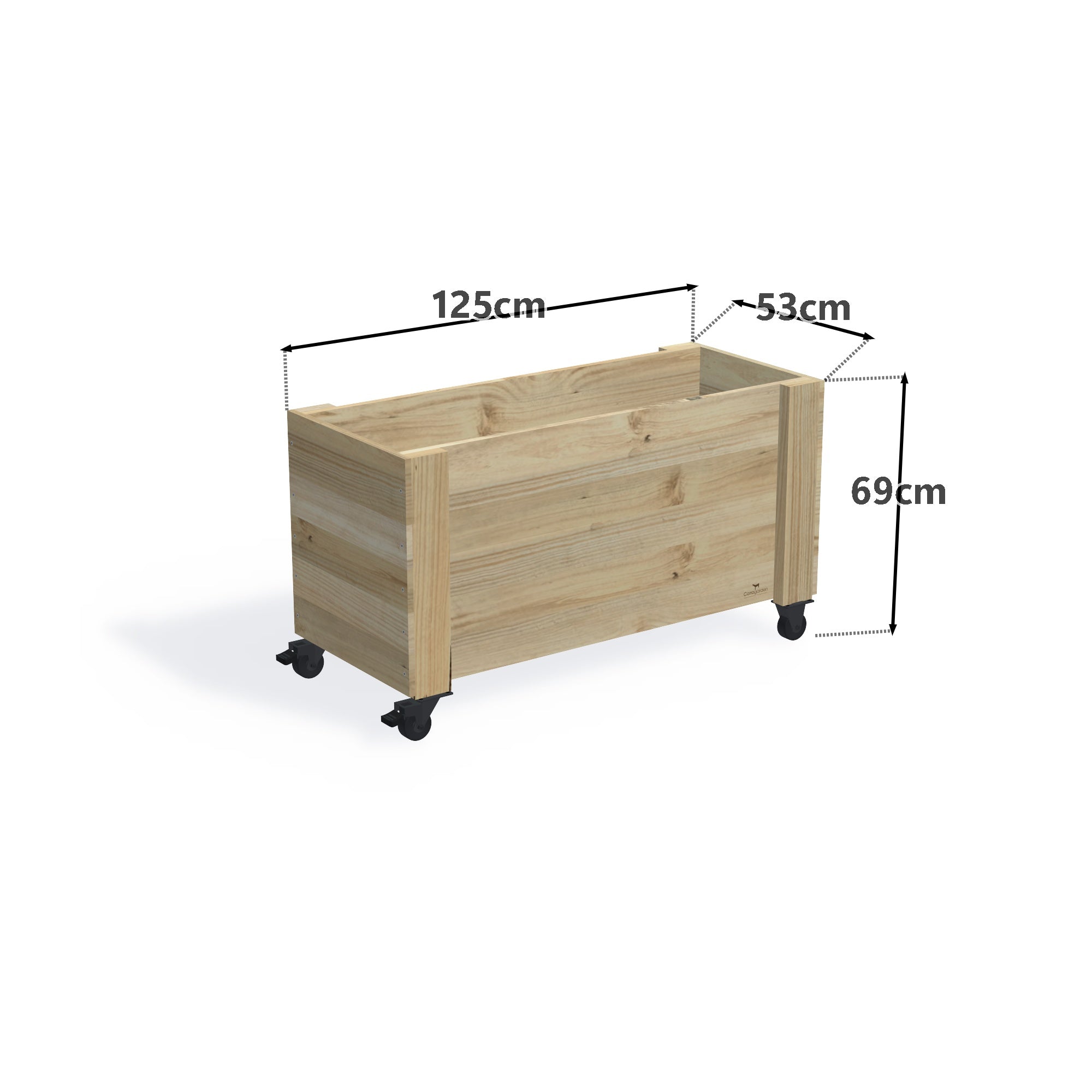 Privacy Screen Planter Box (draft), 3 Pot (125cm) / No Screen (58cm) / With Castors — timber planter boxe, dimensions labelled