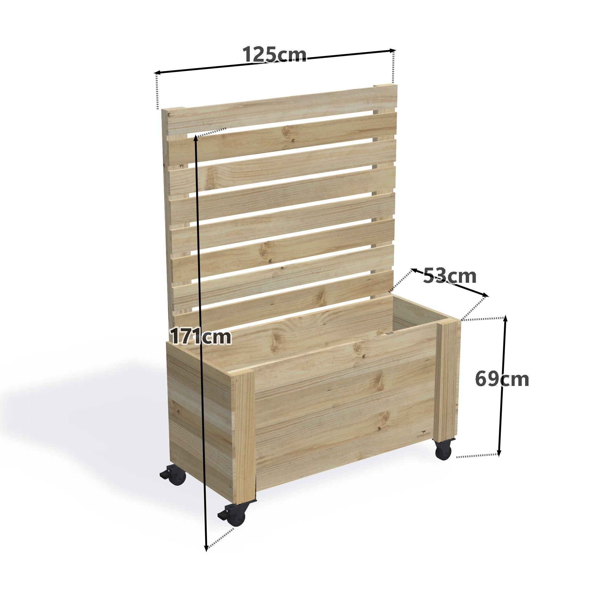 Privacy Screen Planter Box (draft), 3 Pot (125cm) / Privacy (1.6m) / With Castors — timber planter boxe, dimensions labelled