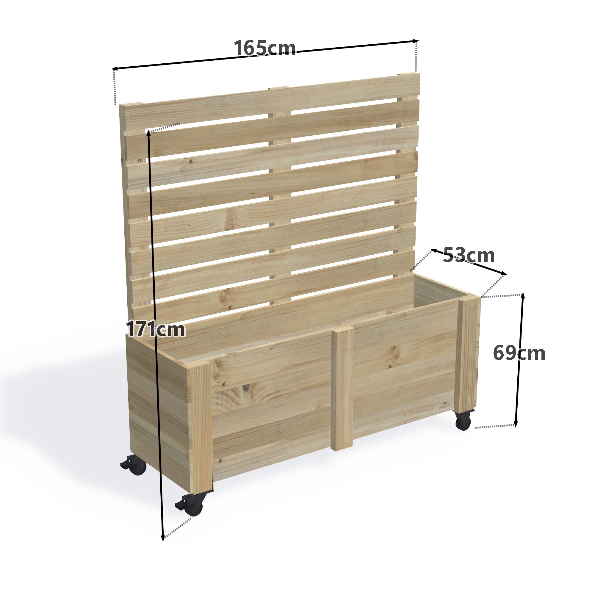 Privacy Screen Planter Box (draft), 4 Pot (165cm) / Privacy (1.6m) / With Castors — timber planter boxe, dimensions labelled