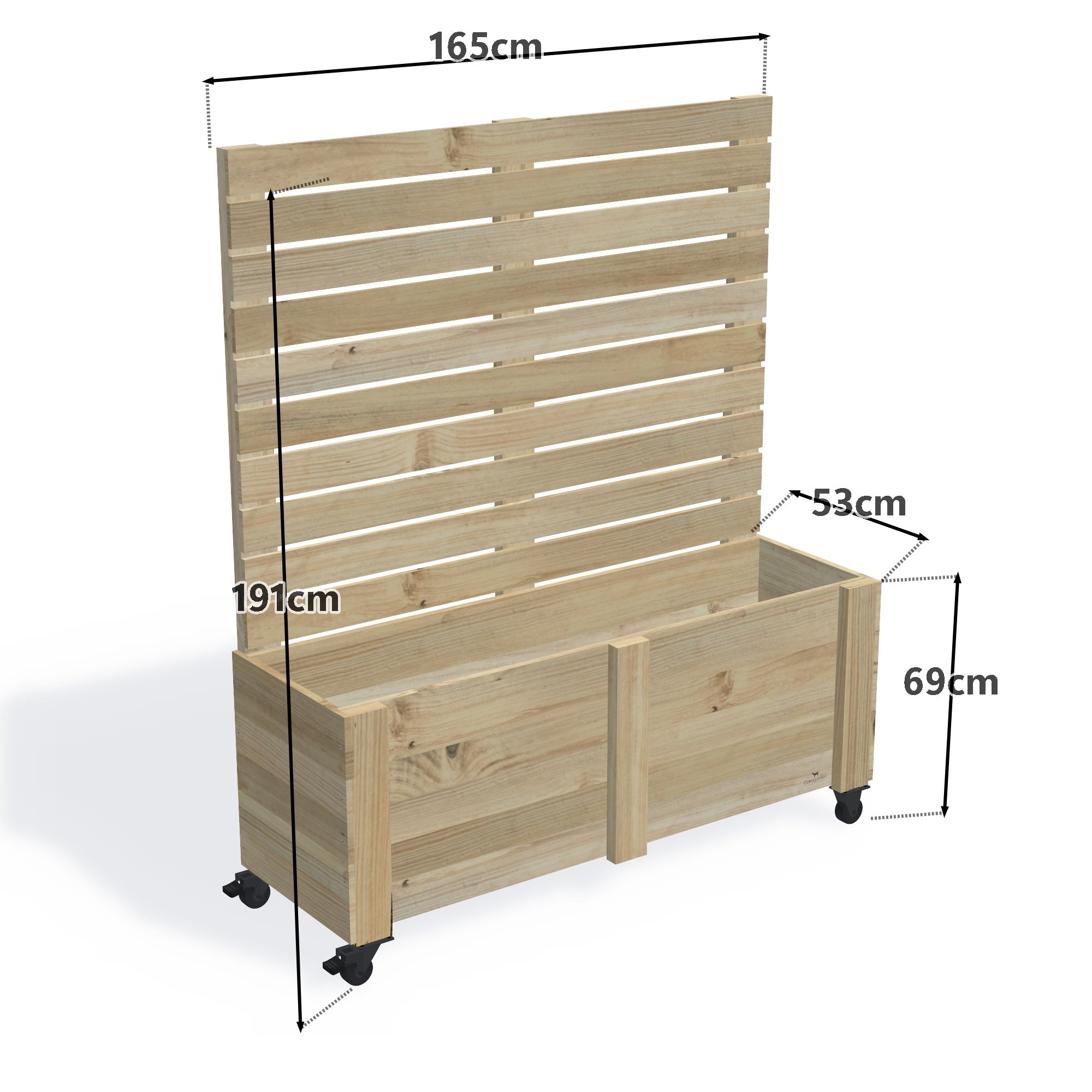 Privacy Screen Planter Box (draft), 4 Pot (165cm) / Tall (1.8m) / With Castors — timber planter boxe, dimensions labelled
