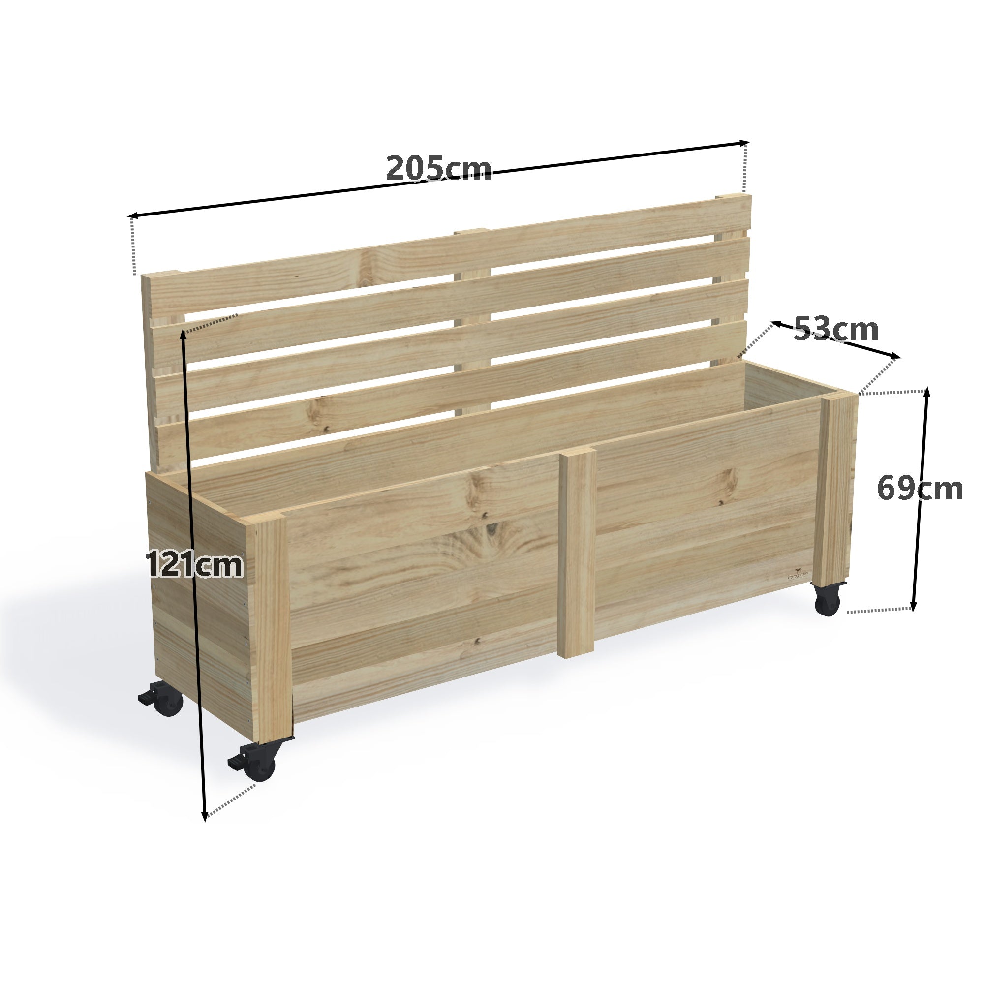 Privacy Screen Planter Box (draft), 5 Pot (205cm) / Cafe Barrier (1.1m) / With Castors — timber planter boxe, dimensions labelled