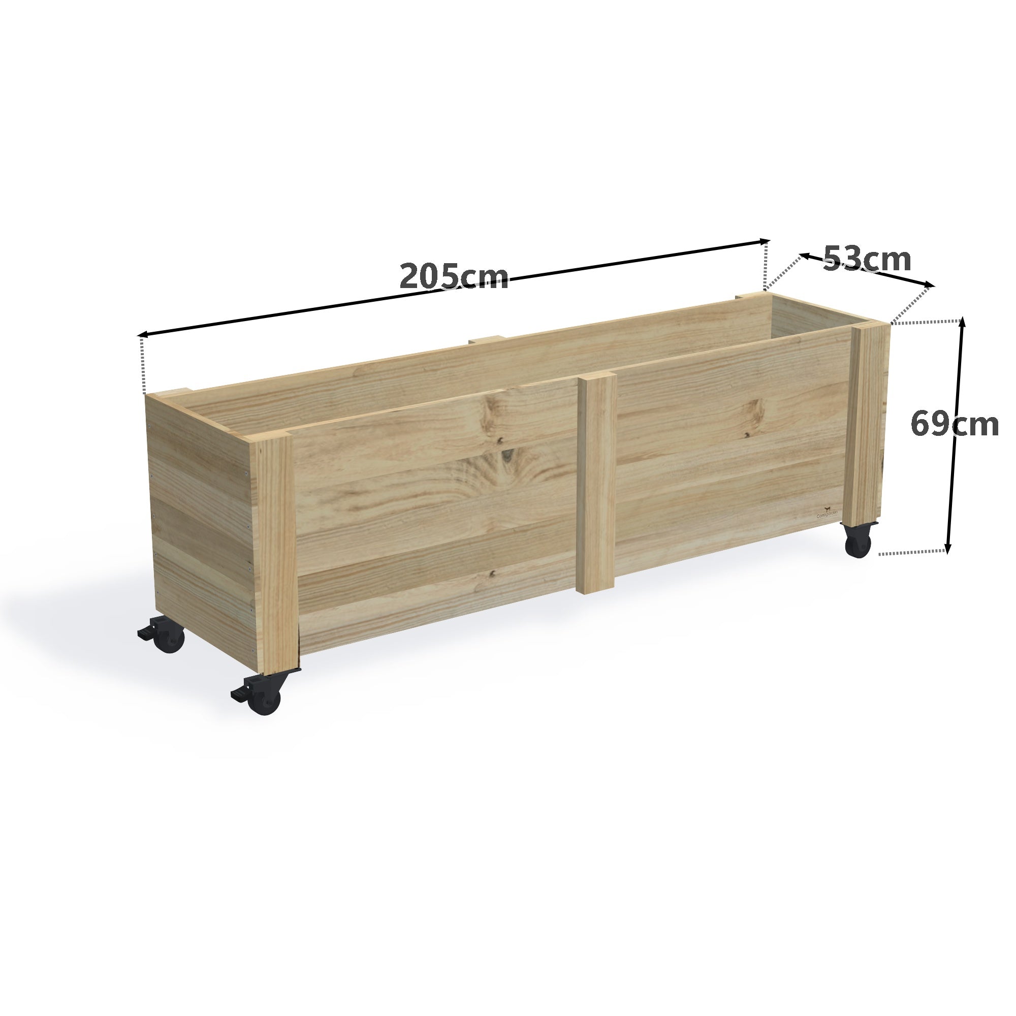 Privacy Screen Planter Box (draft), 5 Pot (205cm) / No Screen (58cm) / With Castors — timber planter boxe, dimensions labelled