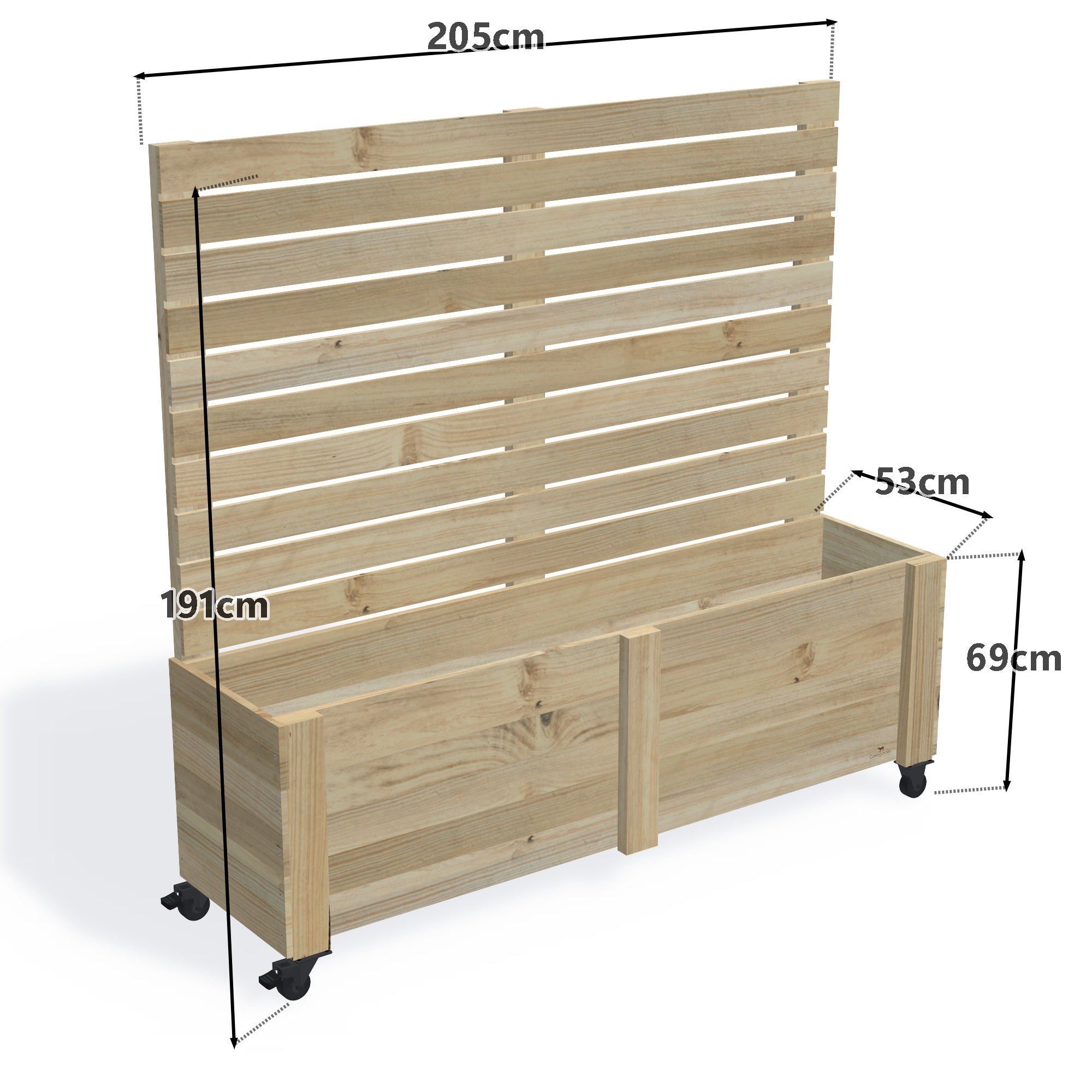 Privacy Screen Planter Box (draft), 5 Pot (205cm) / Tall (1.8m) / With Castors — timber planter boxe, dimensions labelled
