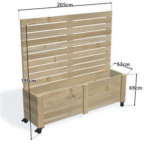 Privacy Screen Planter Box (draft), 5 Pot (205cm) / Tall (1.8m) / With Castors — timber planter boxe, dimensions labelled