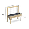 Large timber raised garden bed with growing mesh trellis and pot shelf, 157 x 60 x 80 cm, 23cm deep tub, dimensions labelled