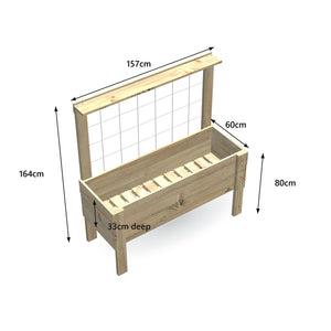 Large timber raised garden bed with growing mesh trellis and pot shelf, 157 x 60 x 80 cm, 33cm slatted base pot display, dimensions labelled