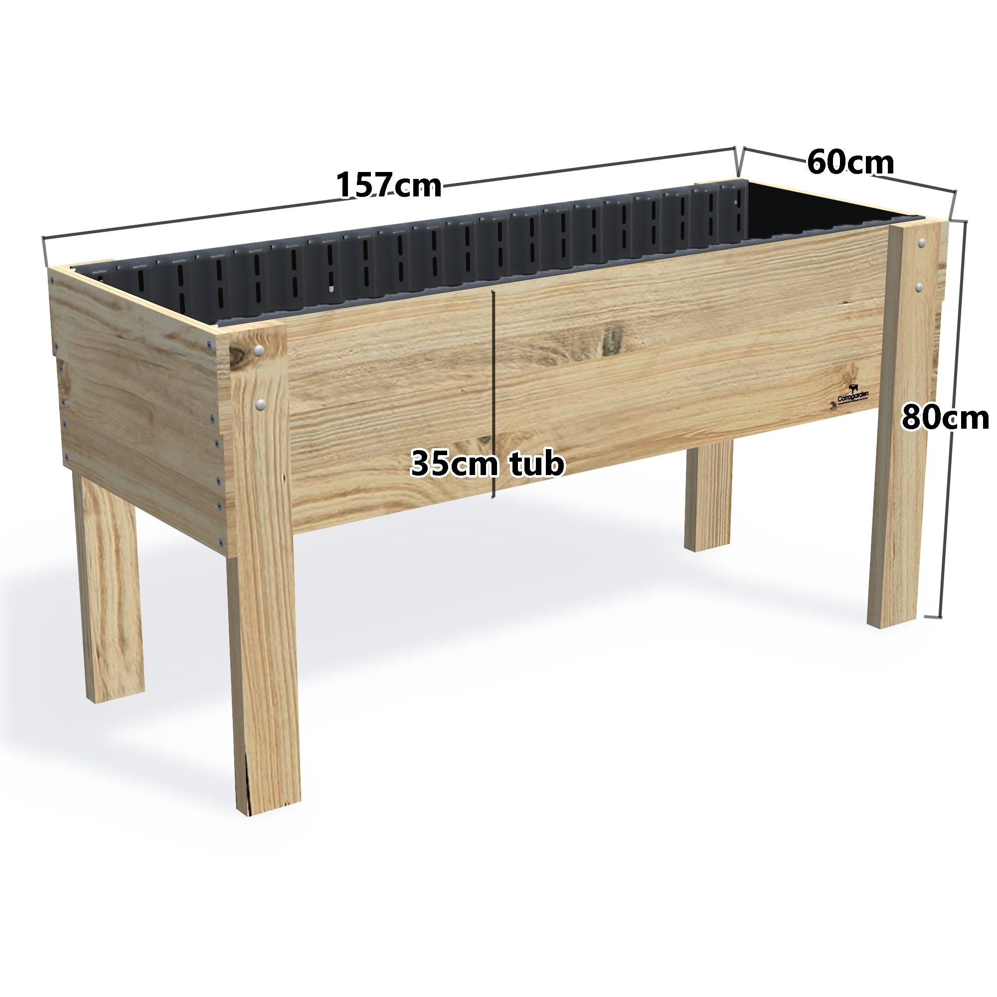 Large Raised Garden Bed Kit - 157x60x80cm(h), 35cm — timber garden bed, dimensions labelled